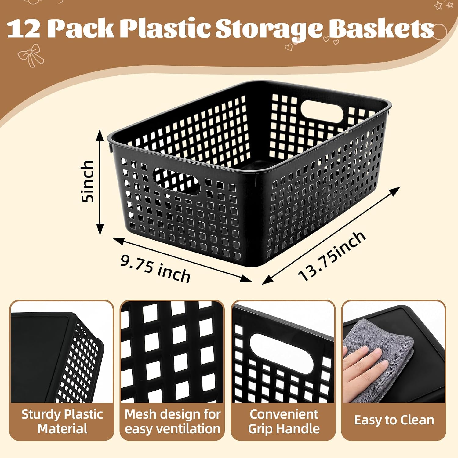 Lineshading 12 Pack Plastic Storage Baskets for Organizing - 13 x 10'' Large Plastic Storage Baskets Bins with Grip Handles, Stackable Mesh for Cabinets, Desktops, Shelves Home & Office Use(Black)