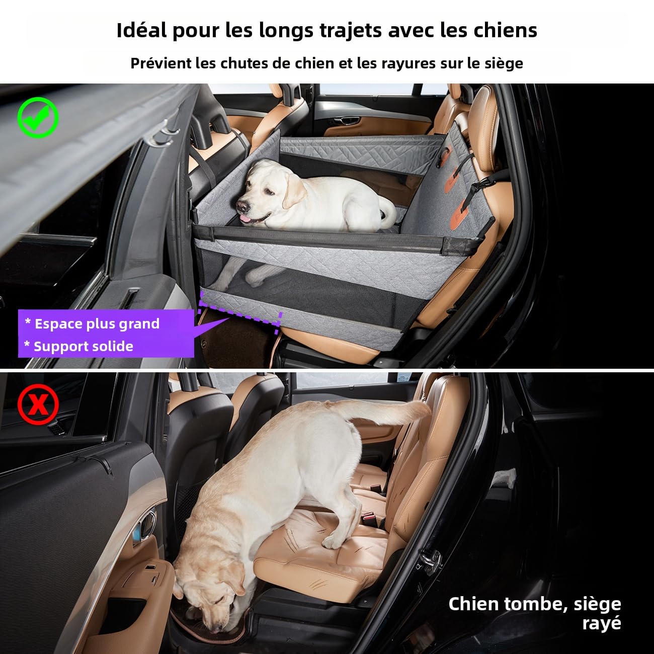 GGW Siège Auto Banquette arrière Gros Chiens 30kg avec Sangle Gris L | lavable en machine, fond antidérapant, matelas imperméable, rallonge incluse, plaque rigide autour, installation facile