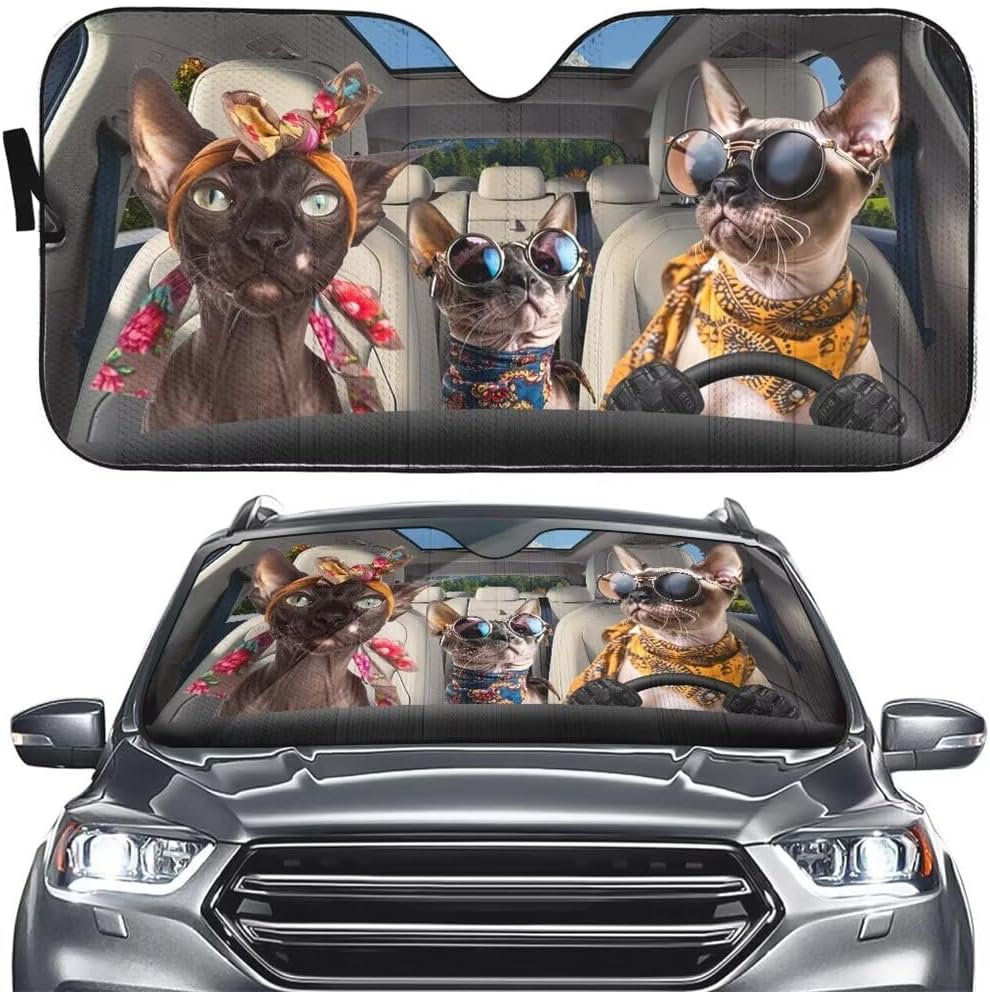 Hawaii Style Cat Windshield Sun Shade, Fit Car SUV Truck (57 x 27.5 inch),Sphynx Cat Driver Car Sunshade, Windshield Visor Sphynx Sunshade, Car Front Windows Windshield Sun Shade Cat,Blocks UV Rays