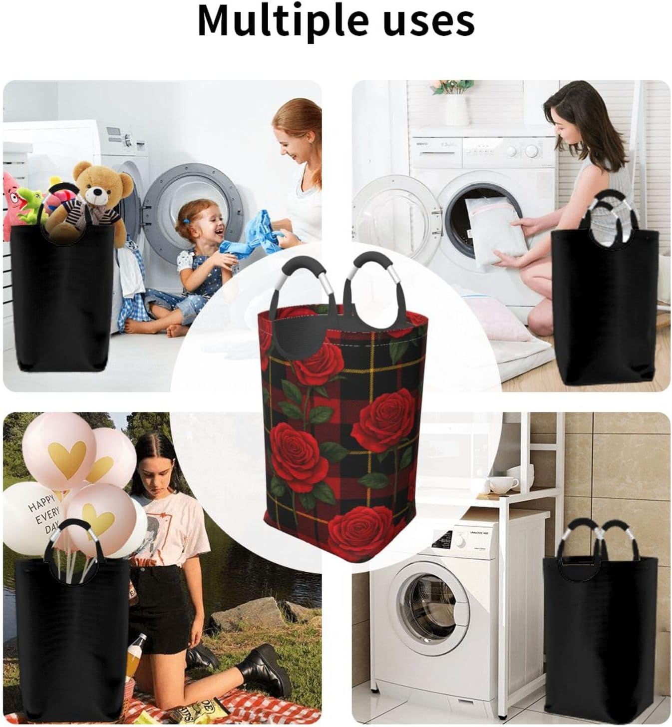 50l Laundry Basket Rose Tartan Pattern Waterproof Laundry Hamper Foldable Clothes Laundry Bag With Handles