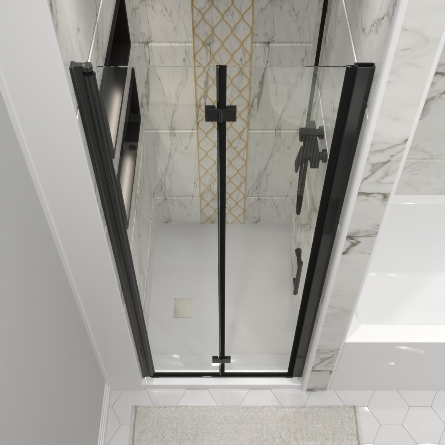 KeepTech 30x72 Frameless Bifold Shower Door, Matte Black Finish,1/4” (6mm) SGCC Clear Tempered Glass, Panel Bifold Swing Shower Doors, Reversible Installation,Rollers Style,Fits 29.7-31.5" Width