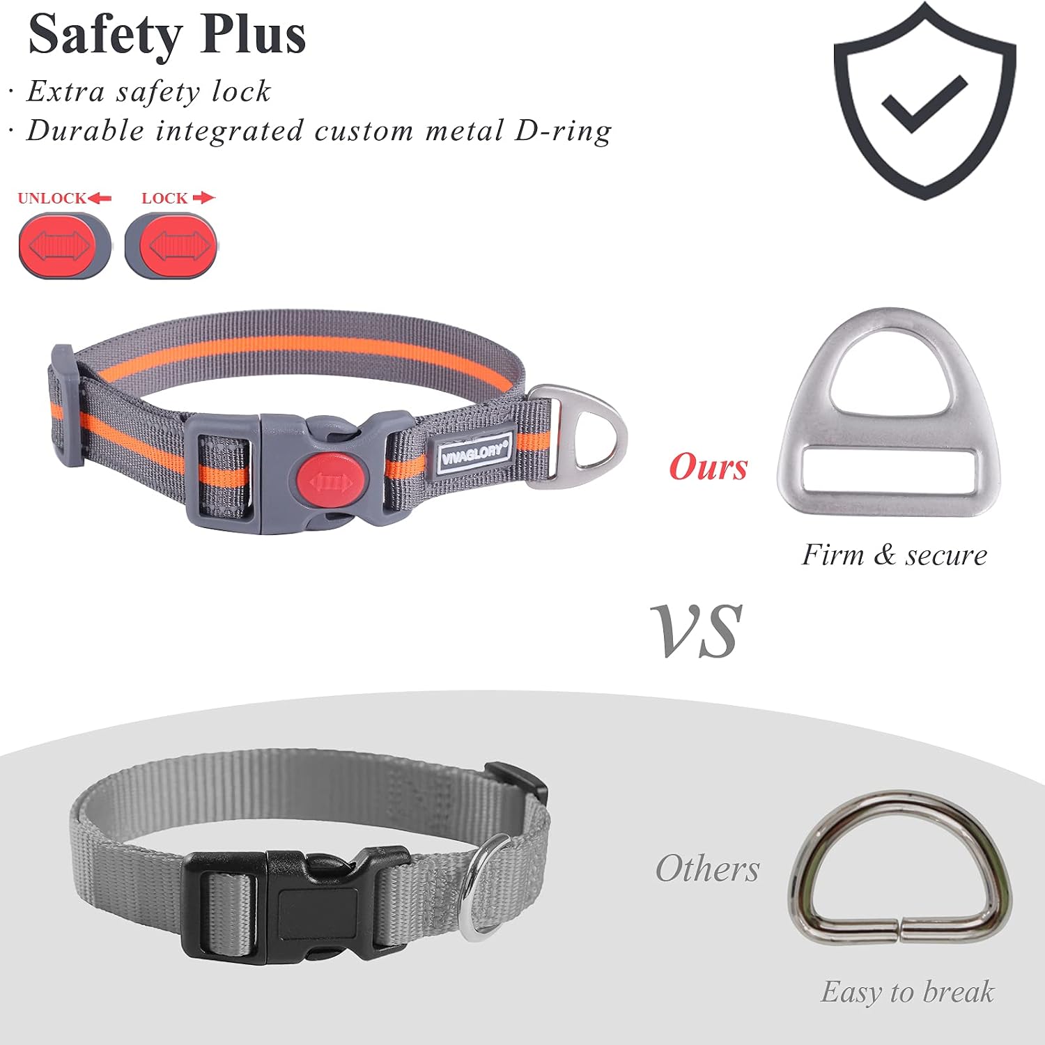VIVAGLORY Dog Collar with Safety Quick Release Buckle, Reflective & Adjustable Nylon Collar for Large Dogs for Daily Walking Hunting and Training