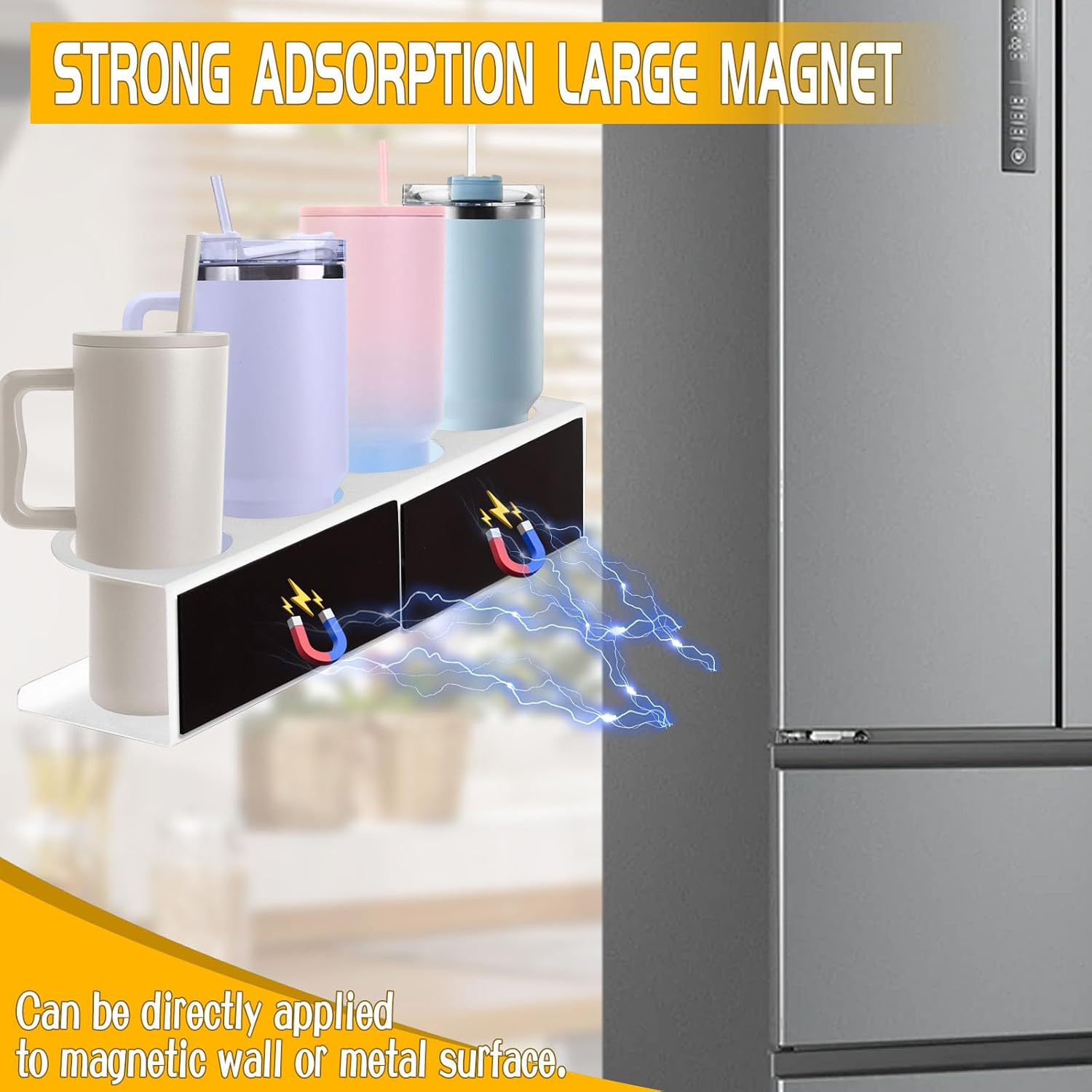 2 Pack Magnetic & Wall Mount Stanley Cup Organizer for Refrigerator, White Water Bottle Organizer for Stanley 30/40 oz, Tumbler Holder Organizer for Kitchen Cabinet Fridge, Easy to Install