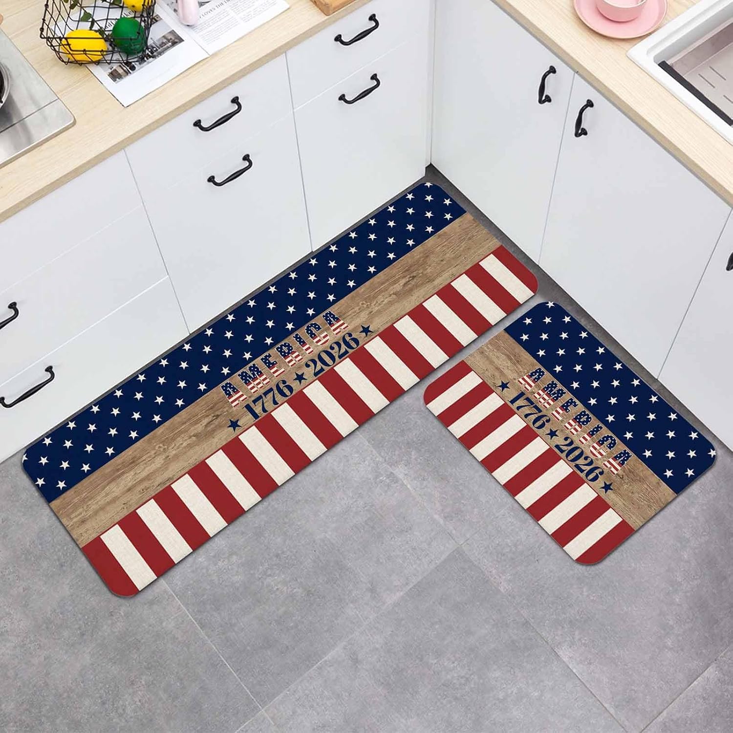 Prime Leader 250th Anniversary Kitchen Mat Set 2 Pieces USA Flag Red Striped Blue Star Retro Non Slip Kitchen Rugs Washable Runner Rug Mats for Floor Sink Laundry Office 15.7" x 23.6"+15.7" x 47.2"