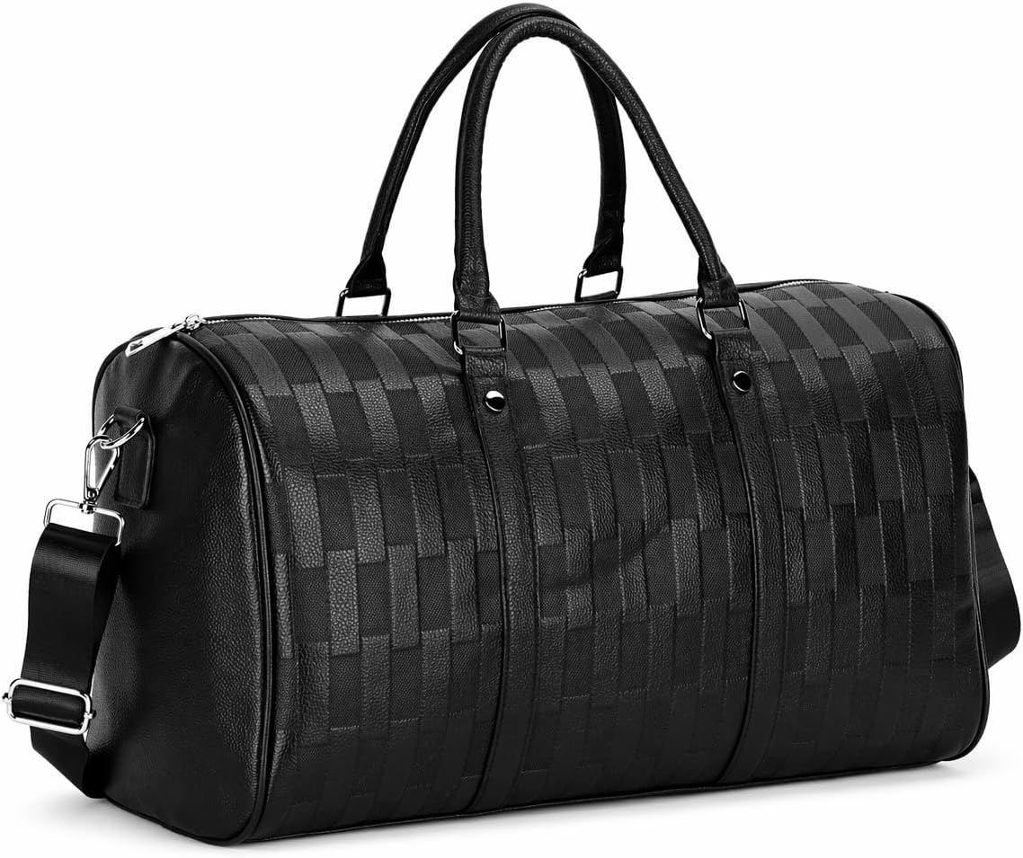 Luxury Black Woven Leather Weekender Duffel Bag Men Women Travel Carry-on, Large Overnight Bag with Handles & Adjustable Shoulder Strap