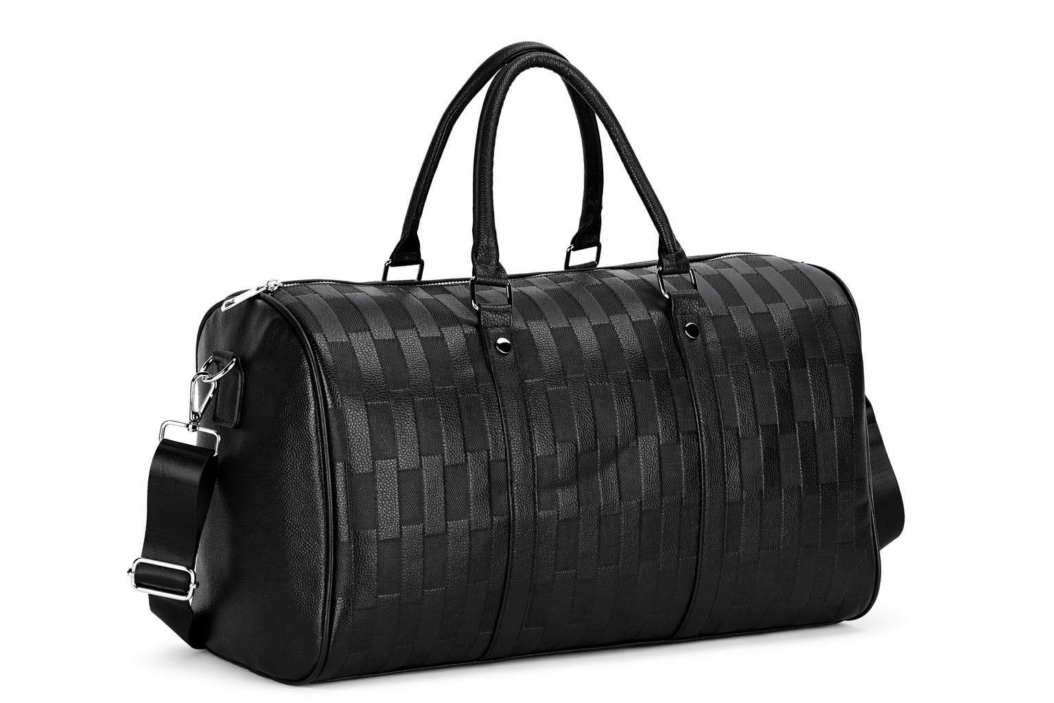 Photo 1 of AGVOTK Luxury Black Woven Leather Weekender Duffel Bag – Men Women Travel Carry-On, Large Overnight Bag with Handles & Adjustable Shoulder Strap.