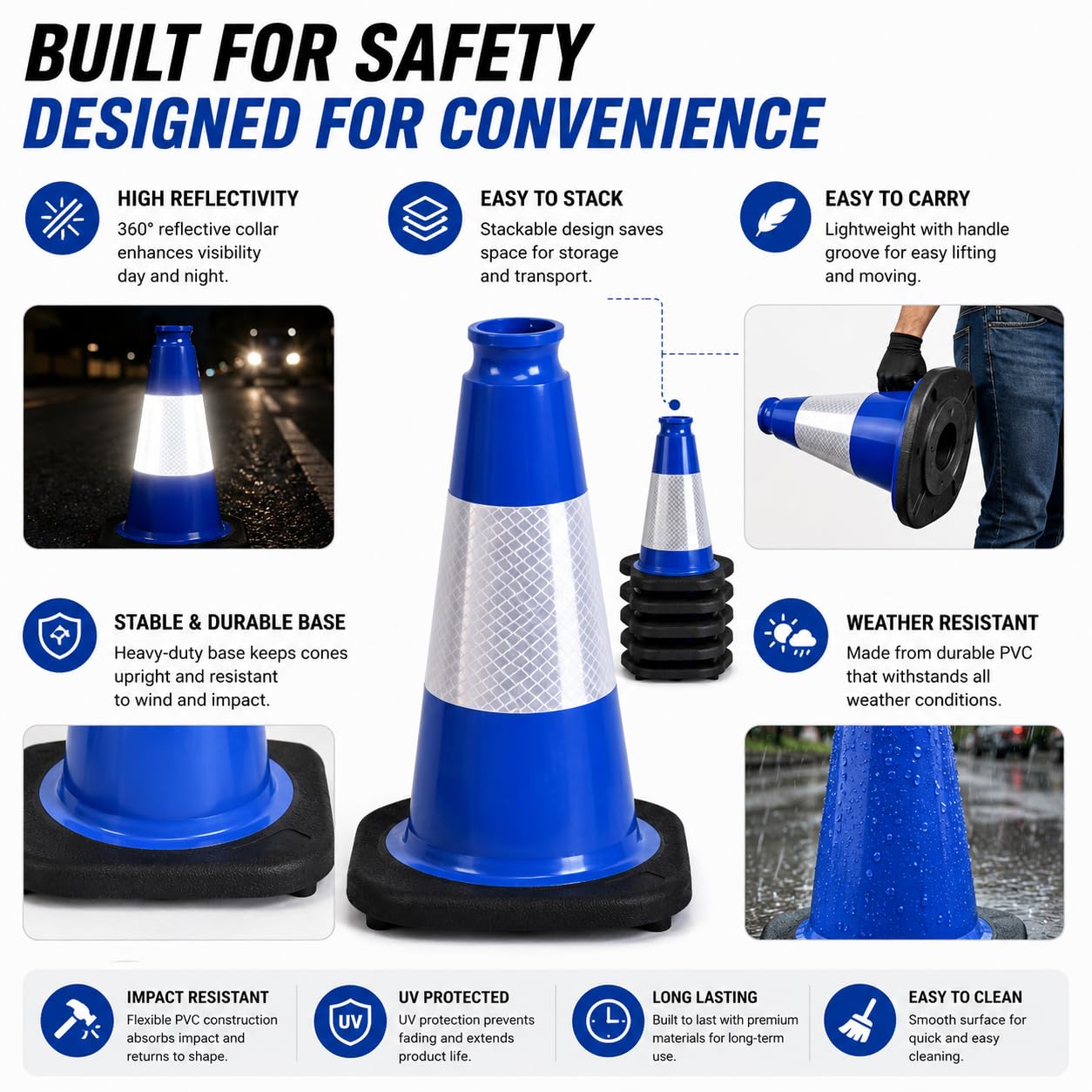 8 Cônes de signalisation 30 cm avec Base Lourde, Cônes de sécurité Haute visibilité avec Bandes réfléchissantes, Balises de Chantier Robustes pour parkings, Routes et Zones de Circulation