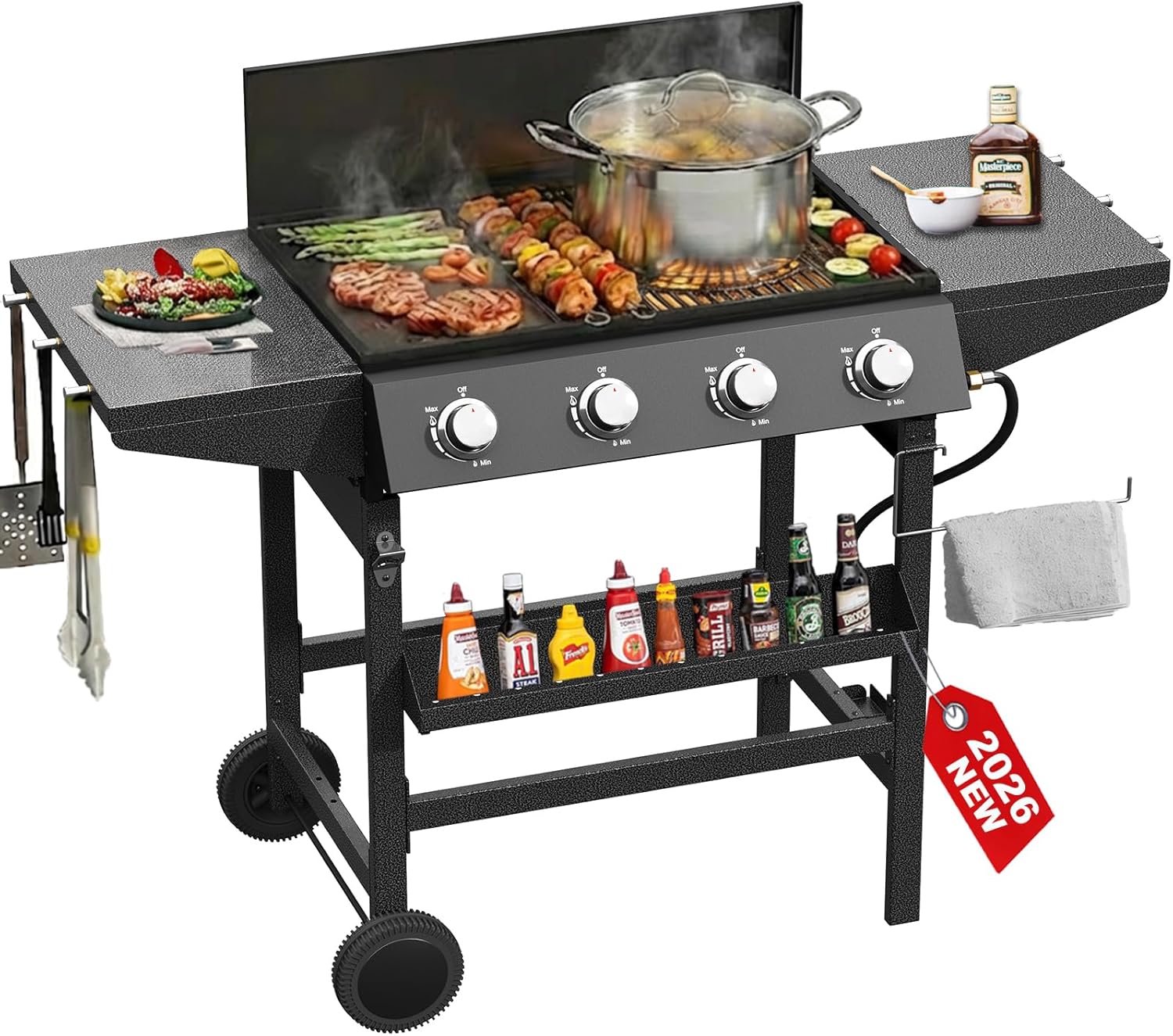 3 in 1 Propane Griddle Grill Stove Combo,4-Burner Propane Gas BBQ Grill with Porcelain-Enameled Cast lron Grates & Plate, 52,000 BTU Barbecue Combo Grill for Outdoor Cooking Camping Patio Backyard