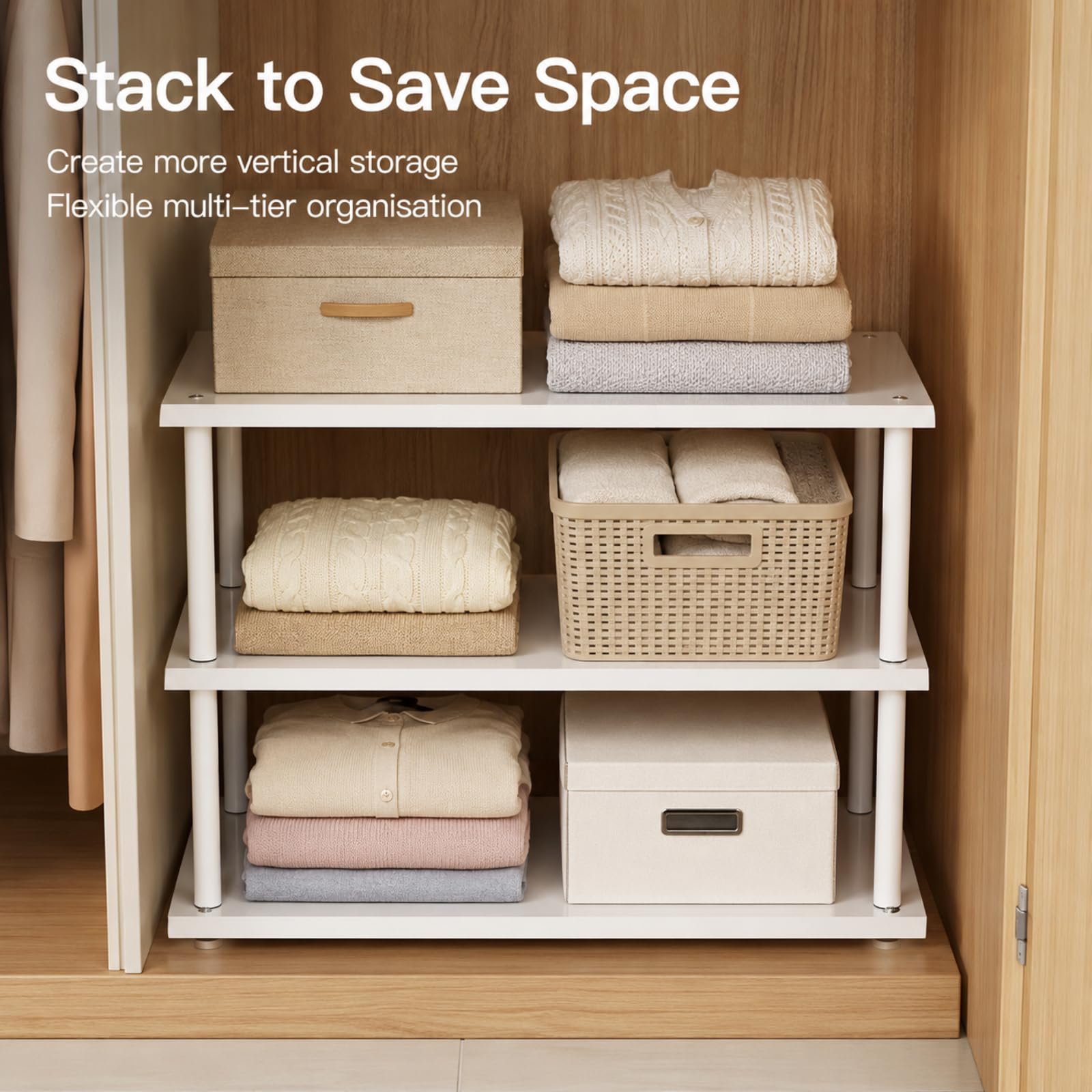 Organisateur Armoire Vetement Empilable, Organisateur Dressing en Métal, Longueur 50-85cm pour Chambre Cuisine Salle de Bain