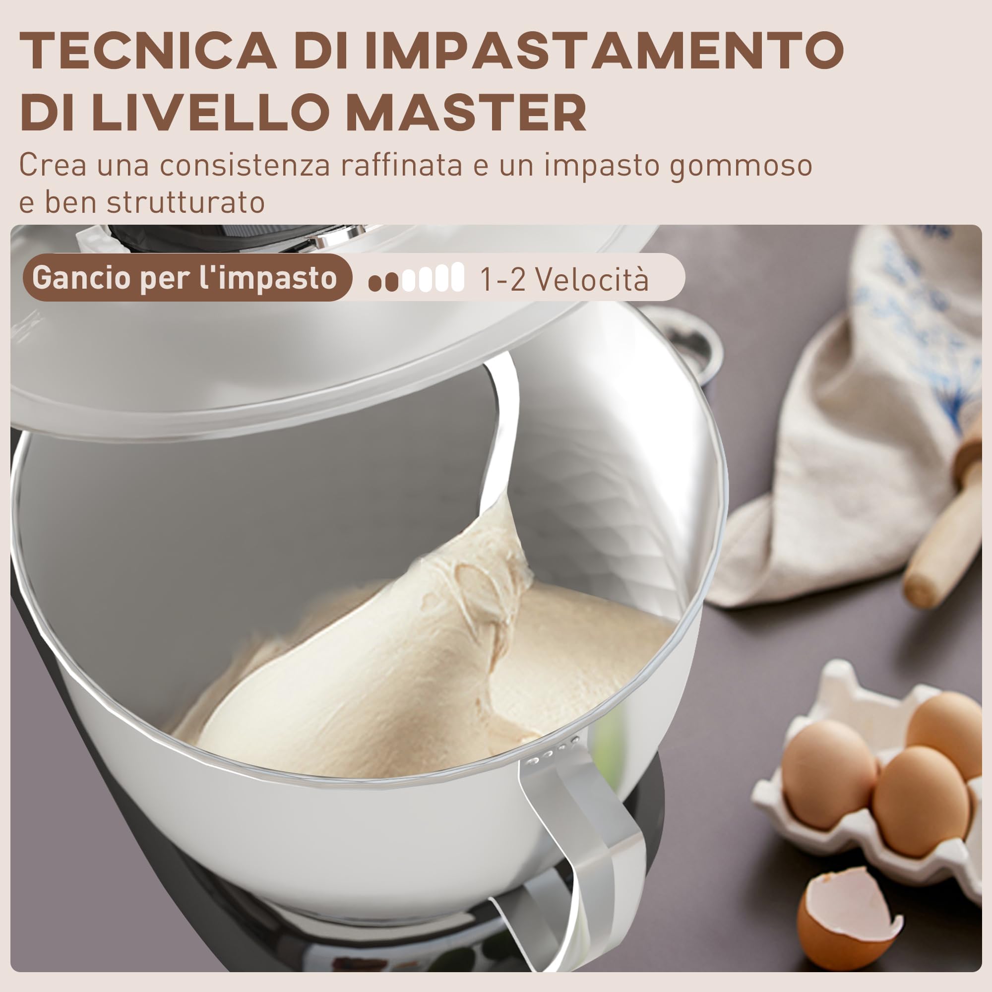 HOMCOM Impastatrice Planetaria 4.5L 6 Velocità con Frusta e Gancio