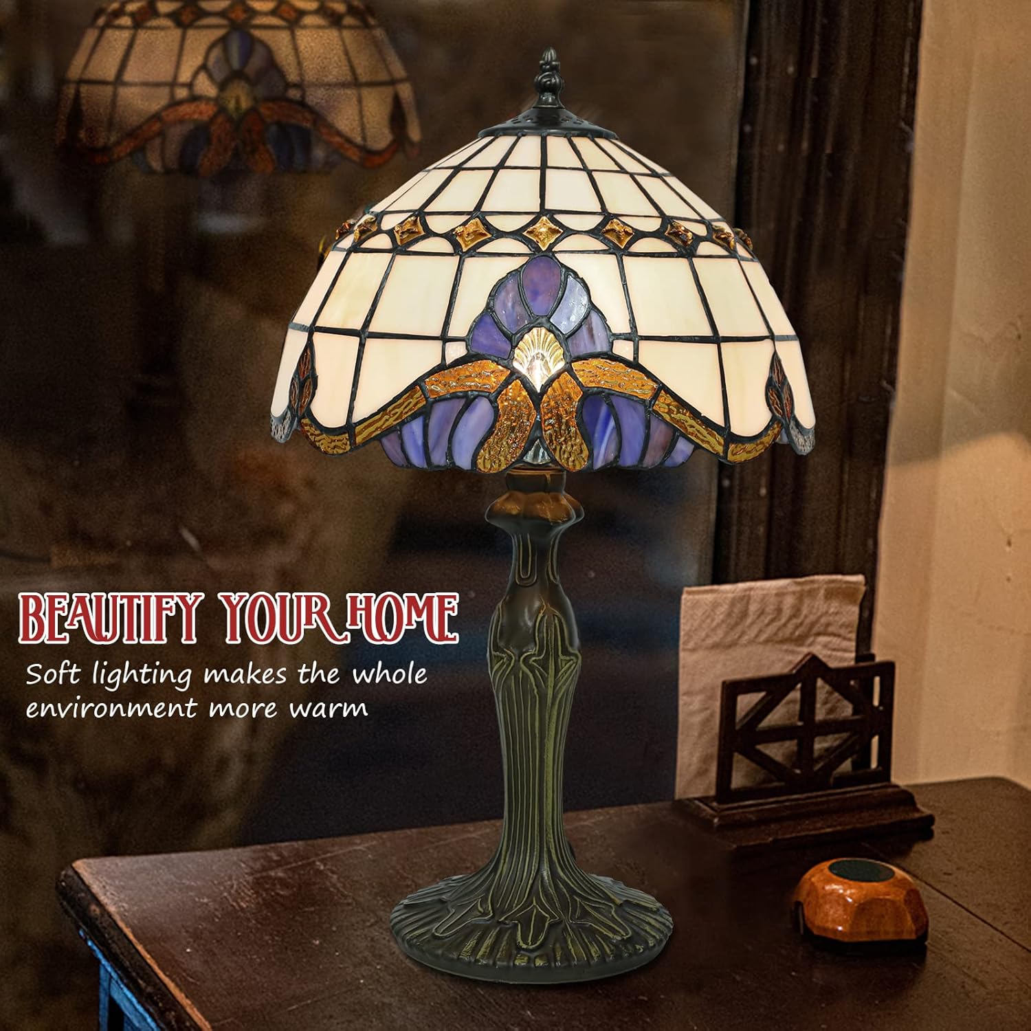 Vipush Tiffany Lamp, Vintage Style Glass Table Lamp - Tiffany Style Table Lamp for Bedside Nightstand Desk Reading Light Bedroom Living Room Decor Home Office