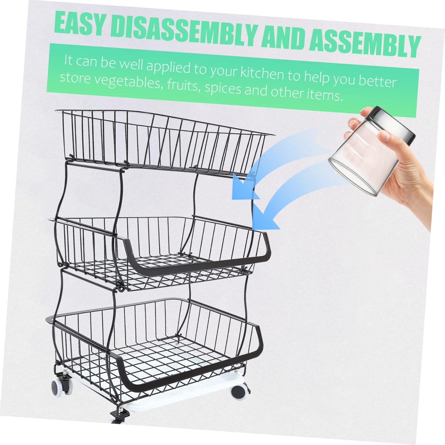 Three-Layer Kitchen Storage Cart Trolley with Lockable Wheels Multi-Purpose Utility Rack for Fruits Vegetables and Cookware Organization Space-Saving Design Black with Casters