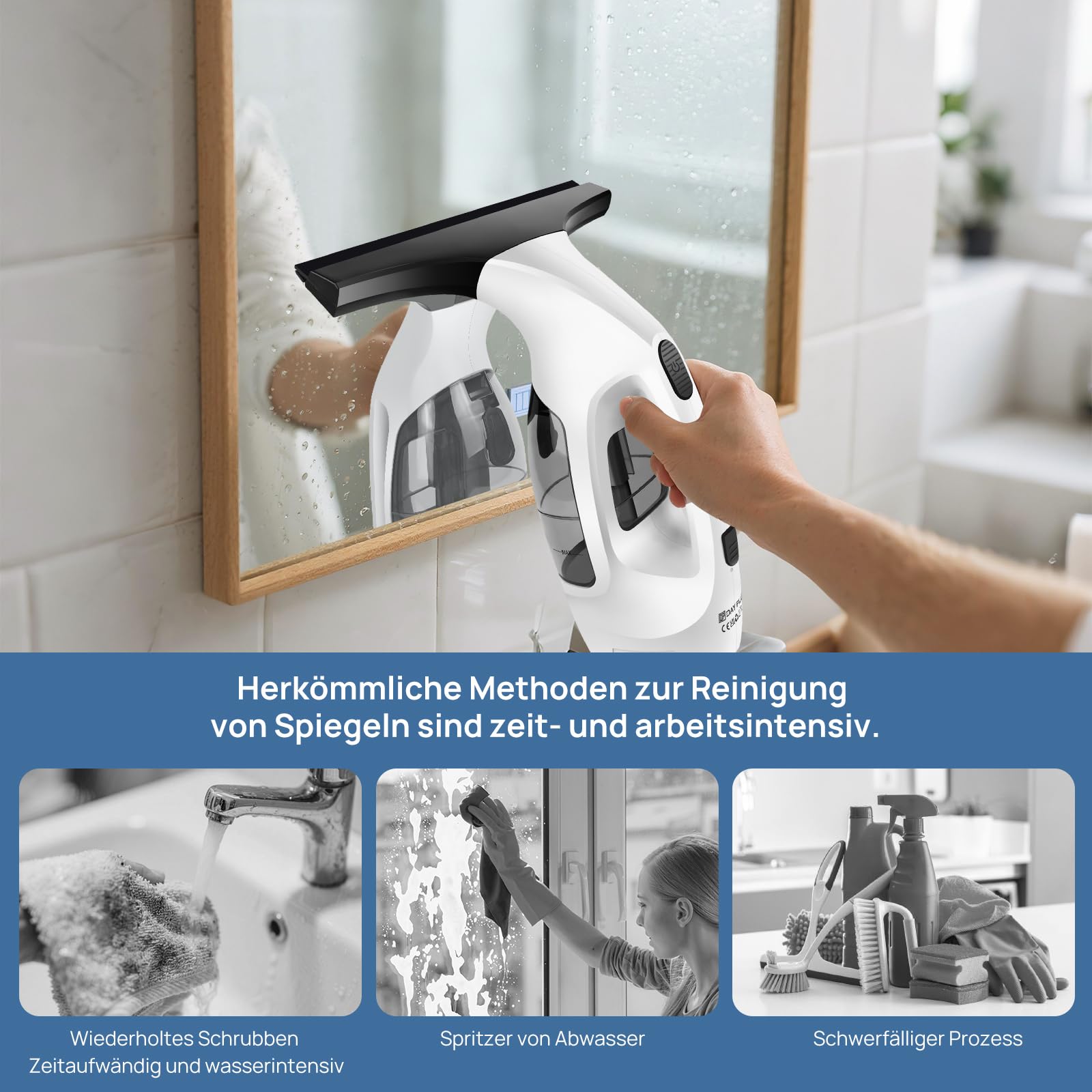 Akku Fenstersauger | Elektrischer Glasreiniger mit 2,0 KPA Saugkraft | 150 ml Wassertank & 28 cm Gummischaber | Für Fenster, Spiegel, Fliesen & mehr | Kabellos & IPX4 wassergeschützt