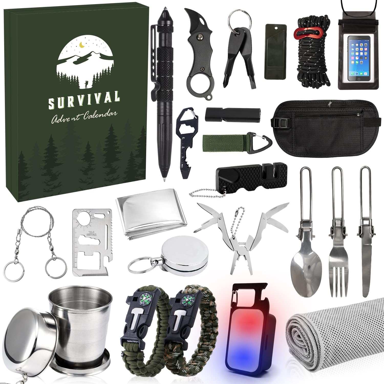 Calendario de Adviento 2025 Hombres, 24 PCS Kit de Herramientas de Supervivencia, Kit de Supervivencia para Acampada, Regalo Navidad Calendario Adviento para Adultos y Adolescentes