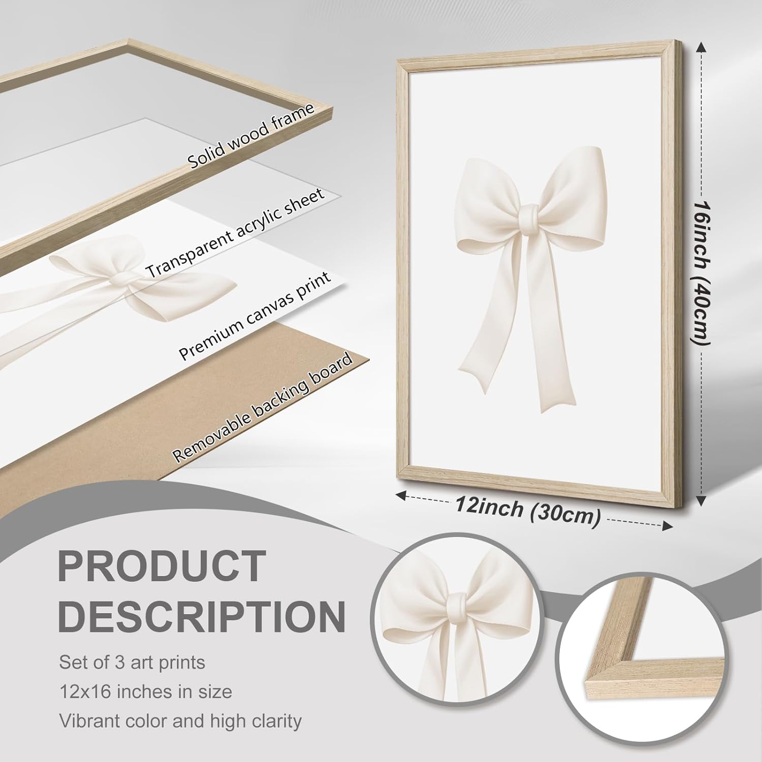 Bow Wall Art Coquette Room Canvas Decor Beige Bow Poster Preppy Wall Deocr Aesthetic Pictures Coquette Girly Posters Nursery Art Prints for Girls Bedroom 12x16 Inch Wood Framed Set of 3