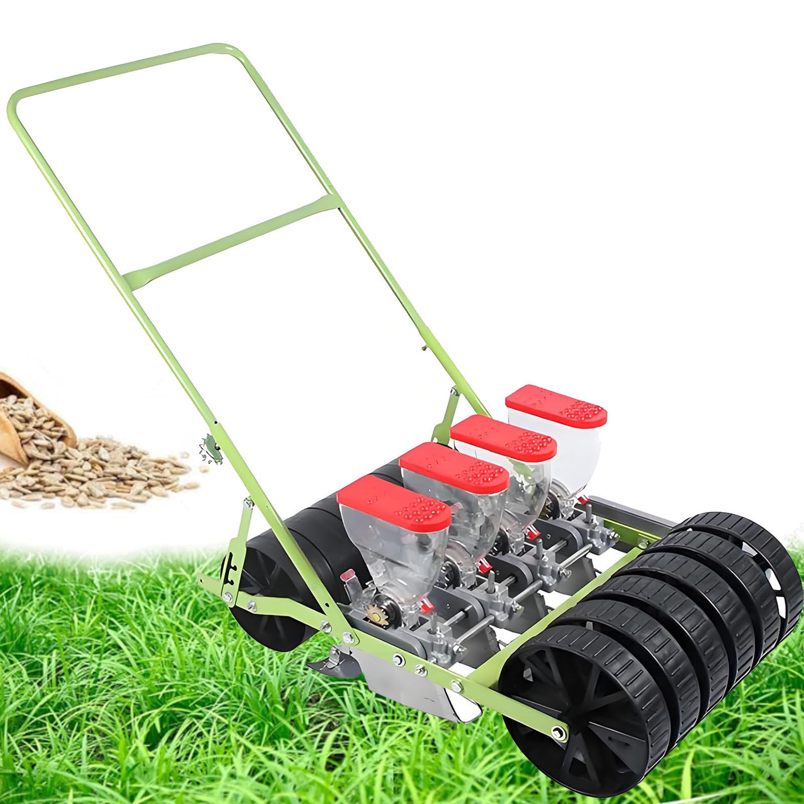 Manueller Handschub Garten Sämaschine Präzisionssaat Pflanzgefäß für Gemüse, verstellbarer Abstand für Kohl, Spinat, Sellerie – 4-reihiges landwirtschaftliches Werkzeug für den Außenbereich