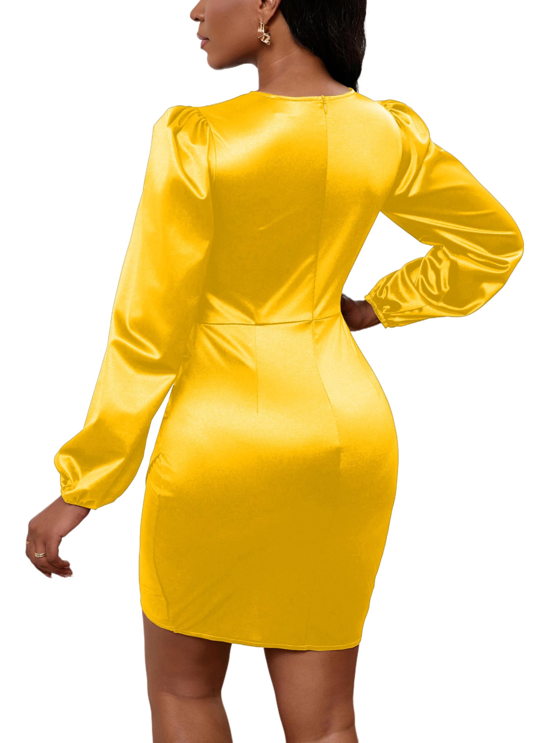 Yajedo Abito da donna sexy con scollo a V a maniche lunghe in raso casual elegante cocktail matrimonio ospite mini tubino aderente