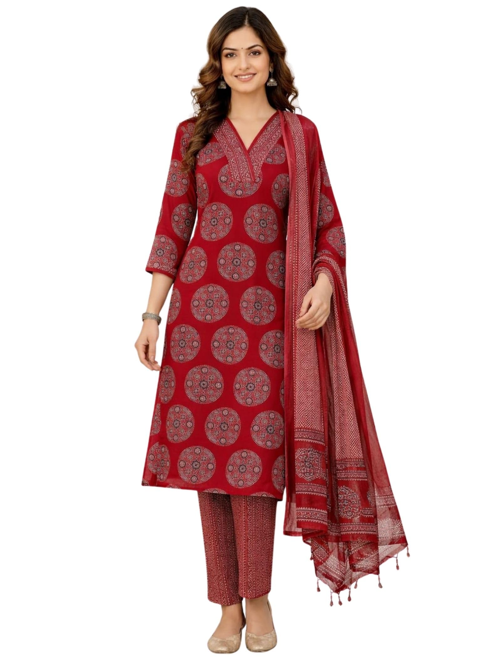 Kurta Set for Women Red Printed Kurti Pant Dupatta Set | V Neck Straight Kurti 3/4 Sleeve | Cotton Kurta Set for Women Festive Daily Office-image-37