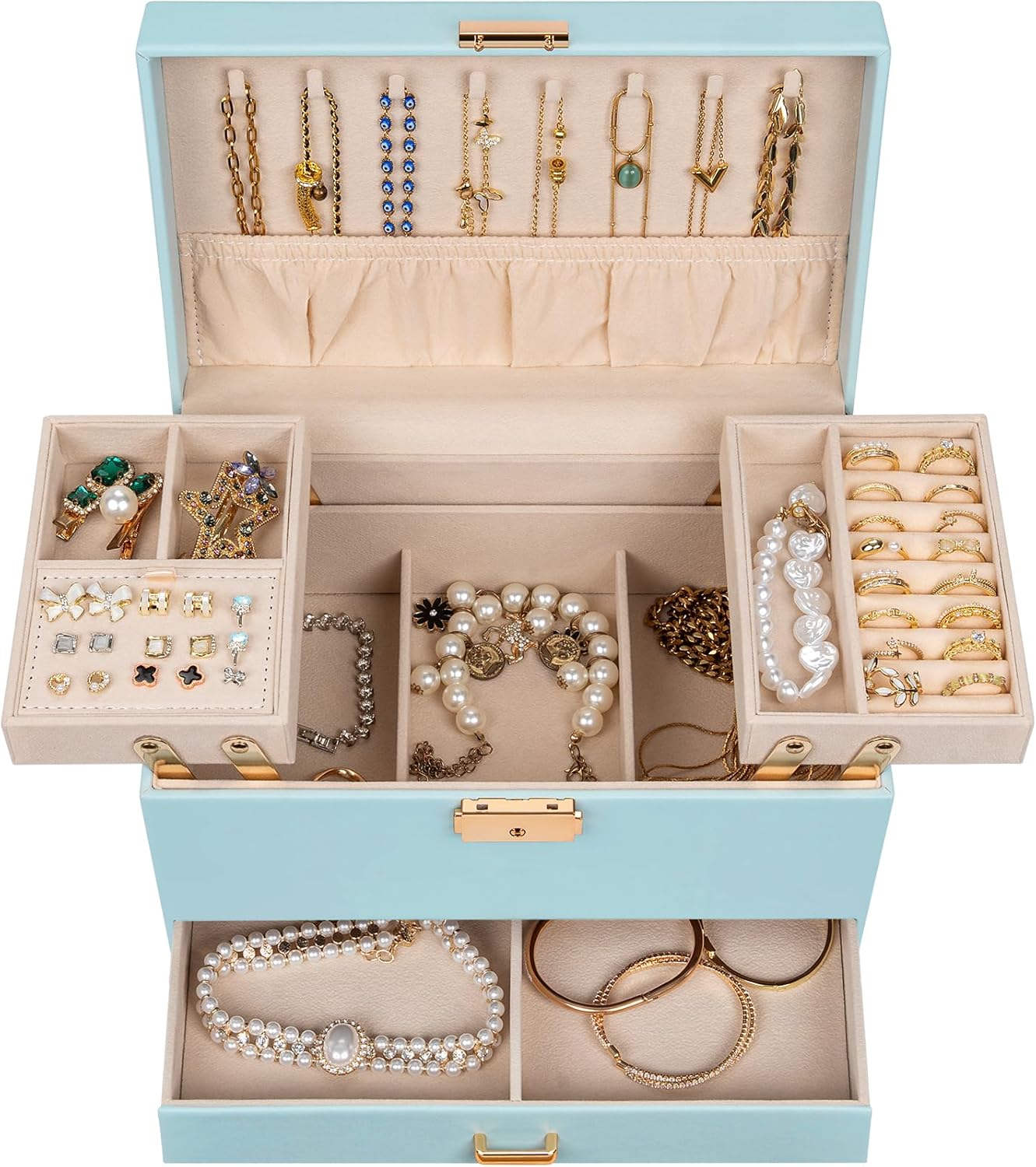 AKOZLIN Travel Jewelry Box Organizer Functional 2-trays Leather Jewelry Storage Case with Lockable Portable Drawer for Women Girls Ring Necklace Earring Bracelet