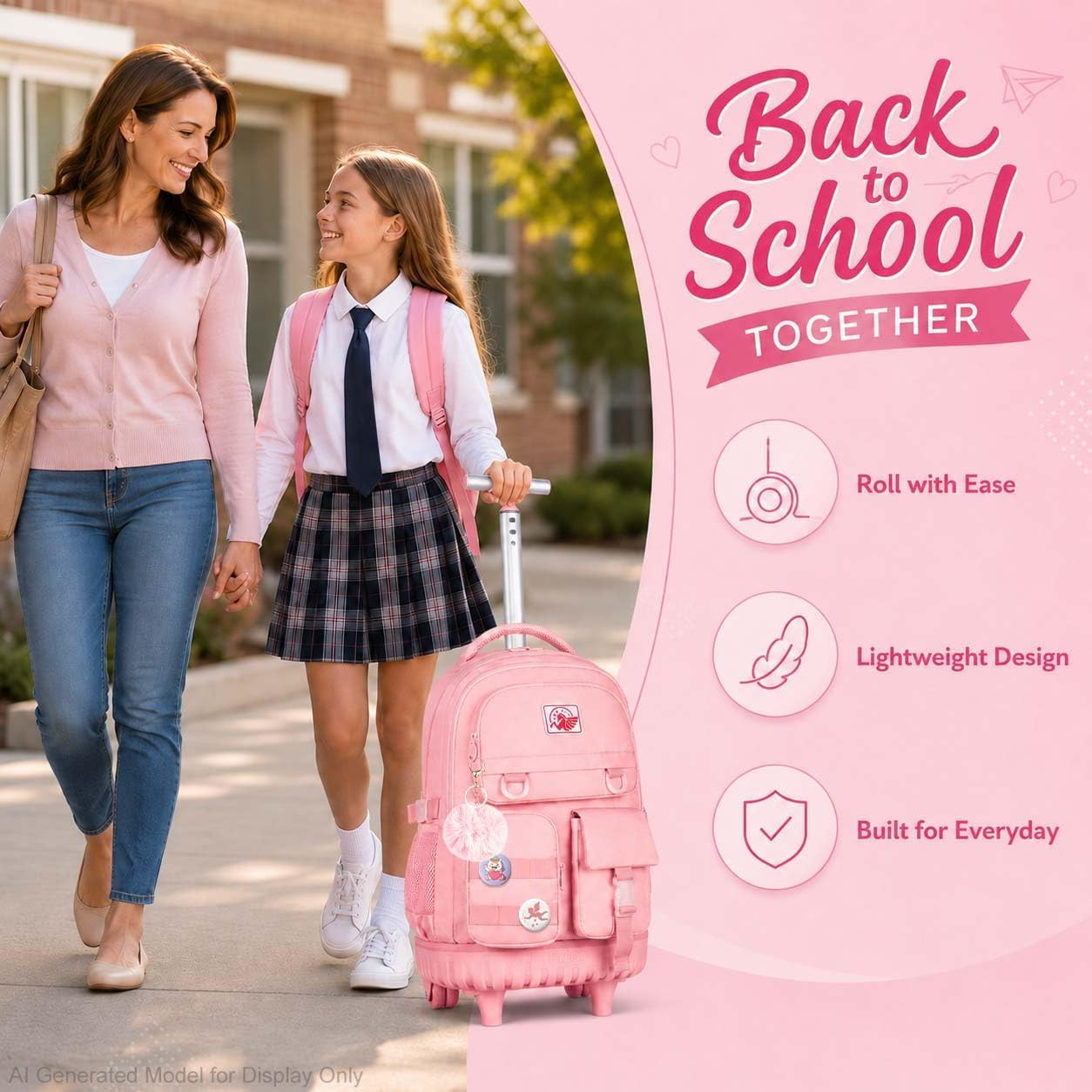 WZLVO Rolling Backpack for Girls Women, 21 inch Water Resistant Roller Wheels Backpacks, Wheeled Bookbag with Lunch Bag for Teen Elementary School Travel - Pink
