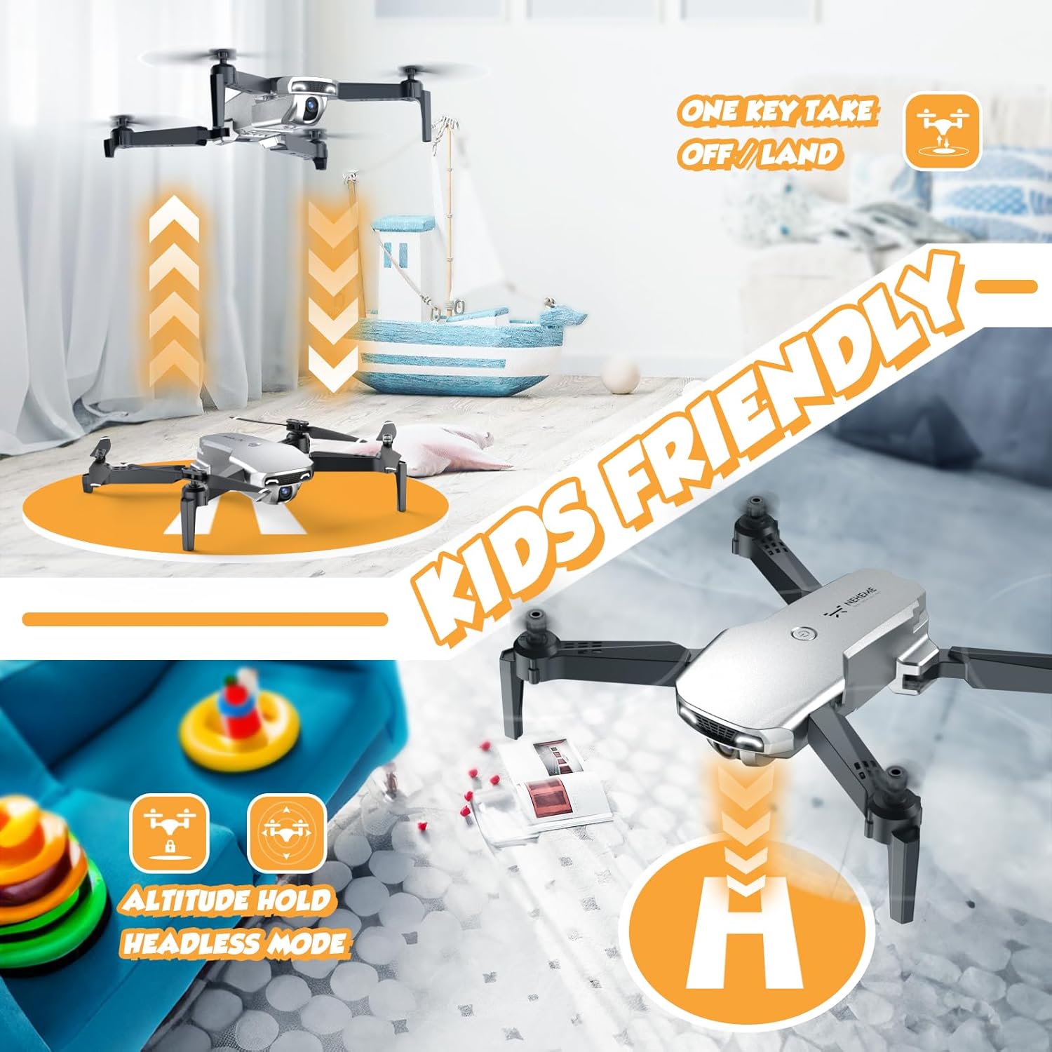 NEHEME Drones for Kids with Camera - Remote Control Helicopter Toys Gifts for Boys Girls, 1080P HD FPV RC Quadcopter for Adults, One Key Start/Land, Altitude Hold, Gravity Control, 2 Batteries, Silver
