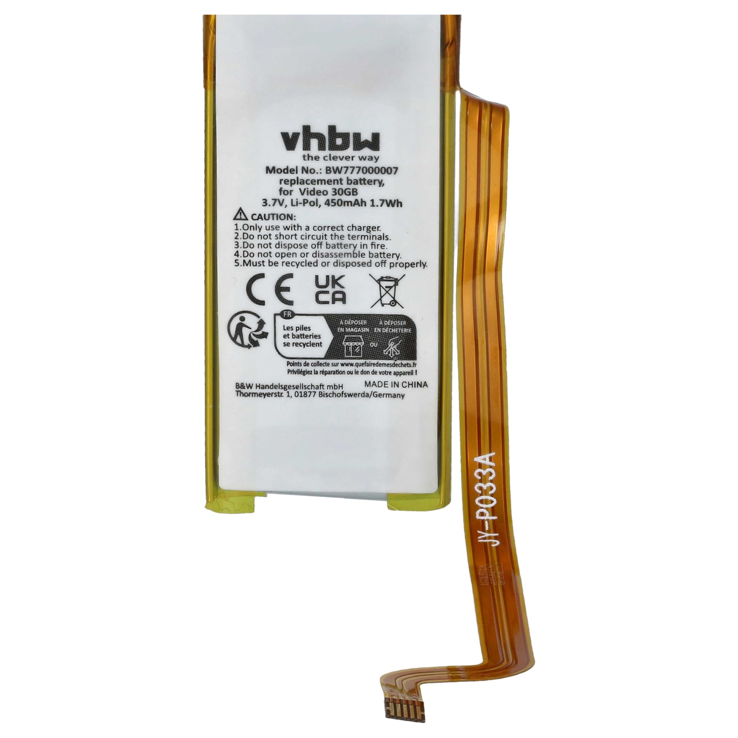 vhbw akumulator litowo-polimerowy 450 mAh (3,7 V) do odtwarzacza wideo MP3 Apple iPod Classic 6th GEN MB147 80 GB, Classic 6th GEN MB147C jak 616-0227, 616-0229, EC008.