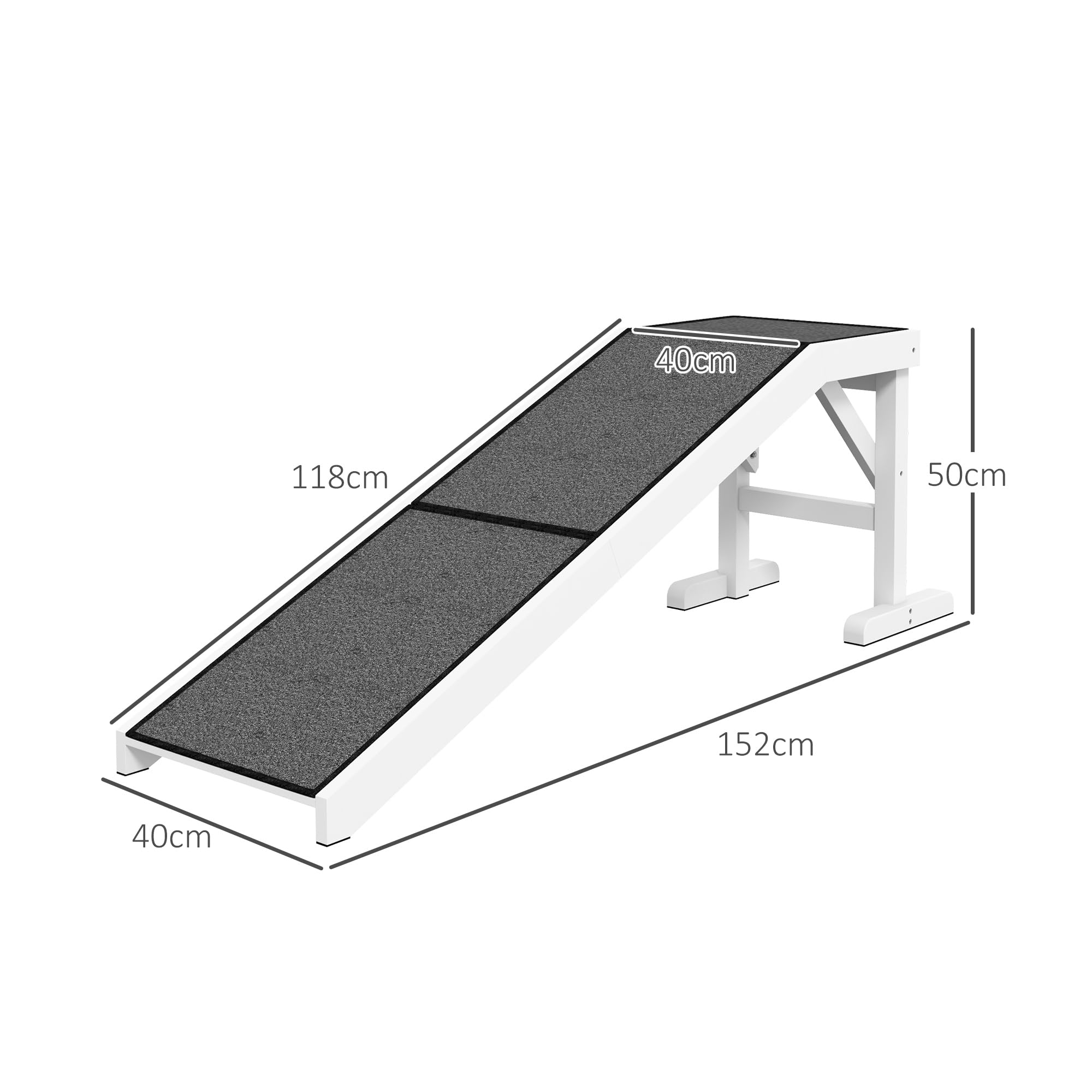 PawHut Rampa para Perros de Madera Rampa para Mascotas para Cama/Sofá con Alfombra Antideslizante para Perros Pequeños Medianos y Grandes 152x40x50 cm Blanco y Gris