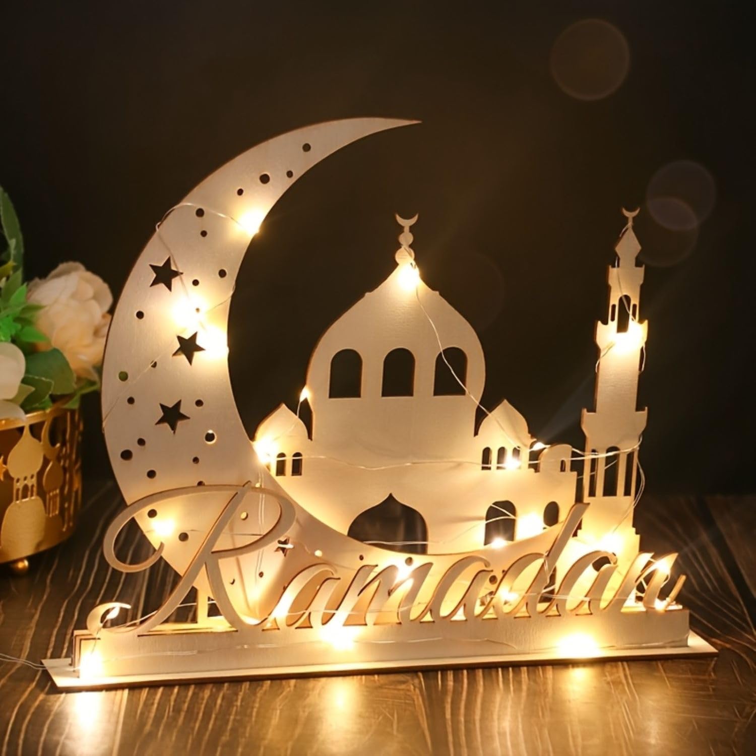 Ramadan Table Decor Moon Castle Wooden Ornament Islamic Ramadan Kareem Desktop Decoration Size 8.66 x 10.63 Inches 1 Set Ready-to-Display American Elm