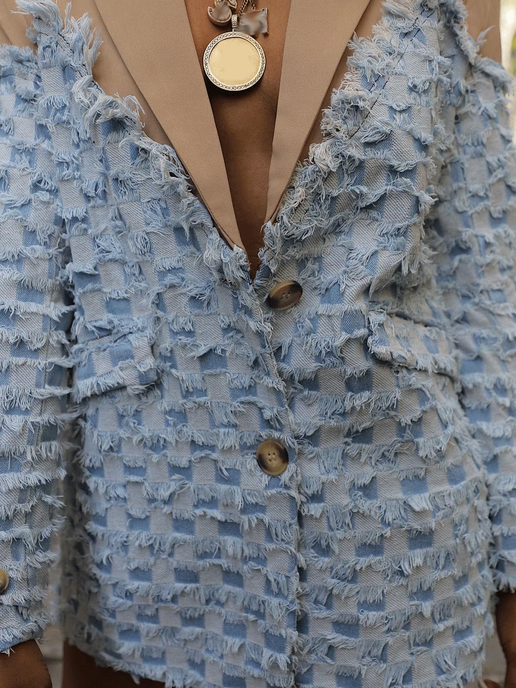 KANSOON Women Denim Blazer Jacket Patchwork Jean Long Sleeve Button Fringes Casual Business Blazers - Image 7