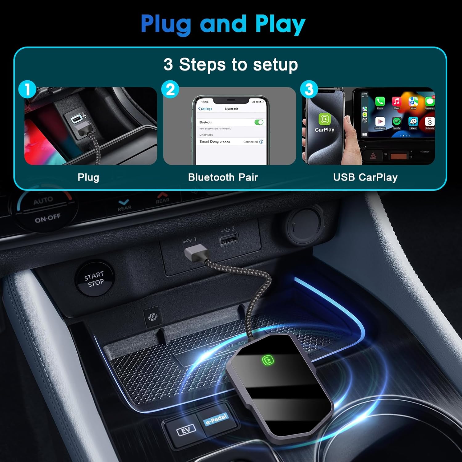 Wireless Carplay Adapter for Apple Converts Wired to Wireless Carplay Dongle Low Latency iPhone Car Play Adapter Plug & Play Mini Car Play Dongle for iOS 10+ Fit for Cars USB A/C (Black Gray)
