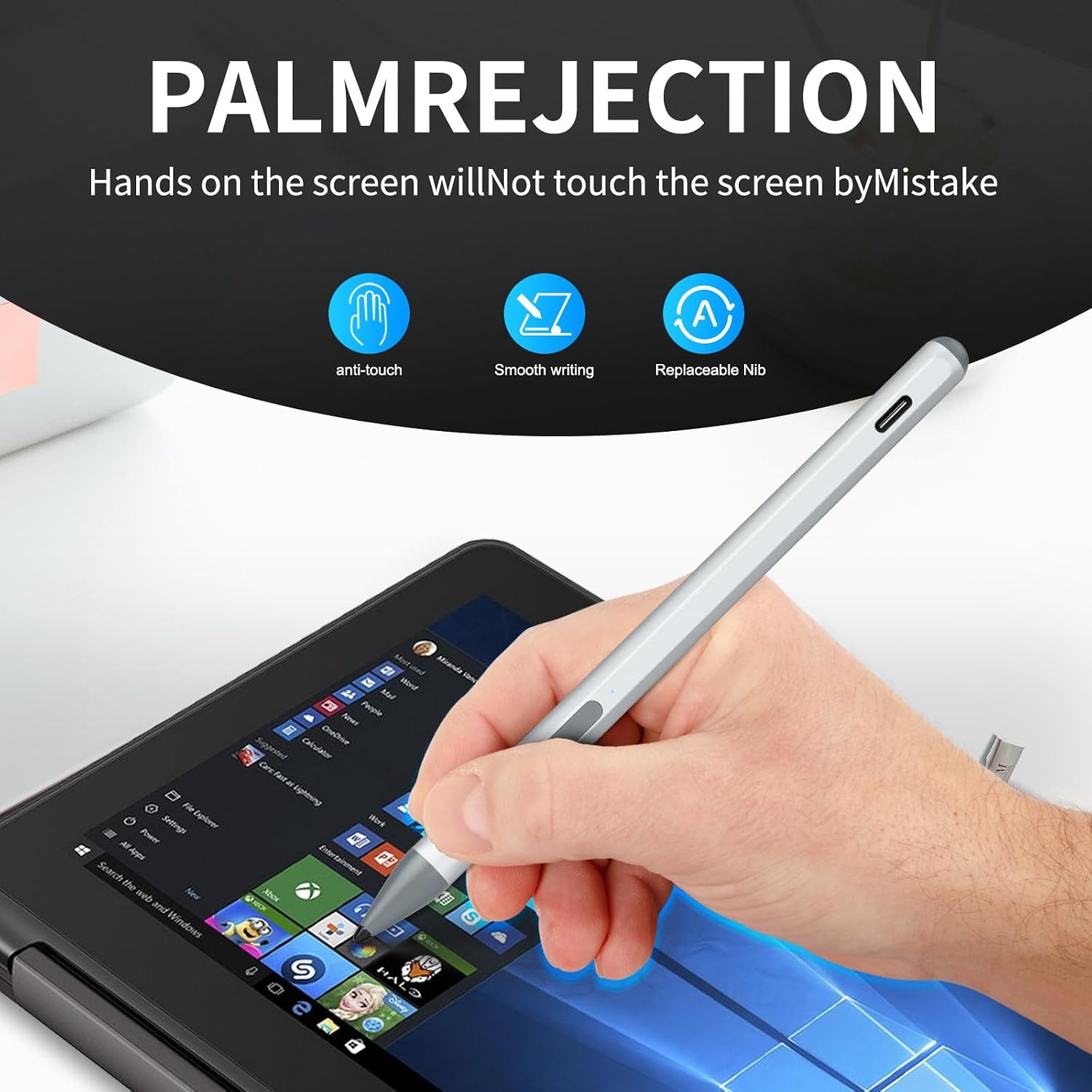 Stylus Pen for ASUS Transformer/Mini/ASUS Zenbook Flip/Pro/ASUS Vivobook Flip/Pro/Duo/ASUS Notebook, Rechargeable MPP 2.0 Tilt Active Pen with 4096 Pressure Sensitivity, Tpye-c Charge, Silver