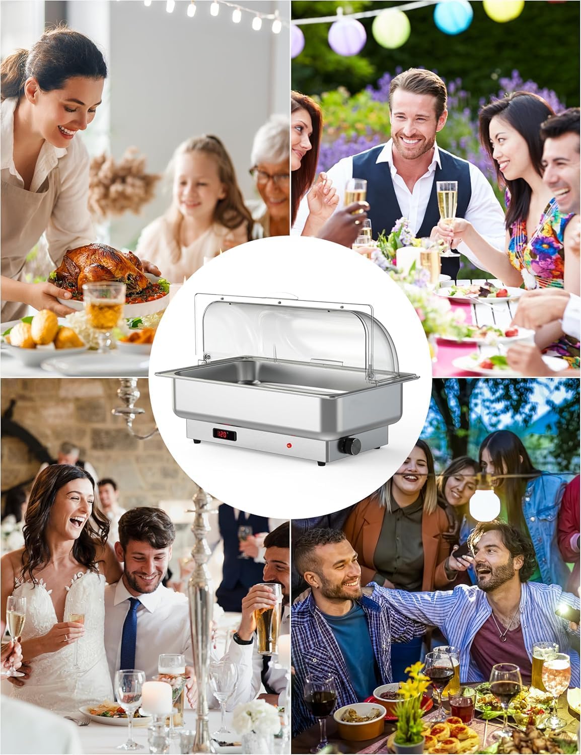 London Boutique Chafing Dish Elettrico per Buffet - Scaldavivande da Catering in Acciaio Inox con Coperchio Roll Top Trasparente - Termostato, 600W - 1x GN 1/1 + 2x GN 1/2 - Standard europeo 220V,