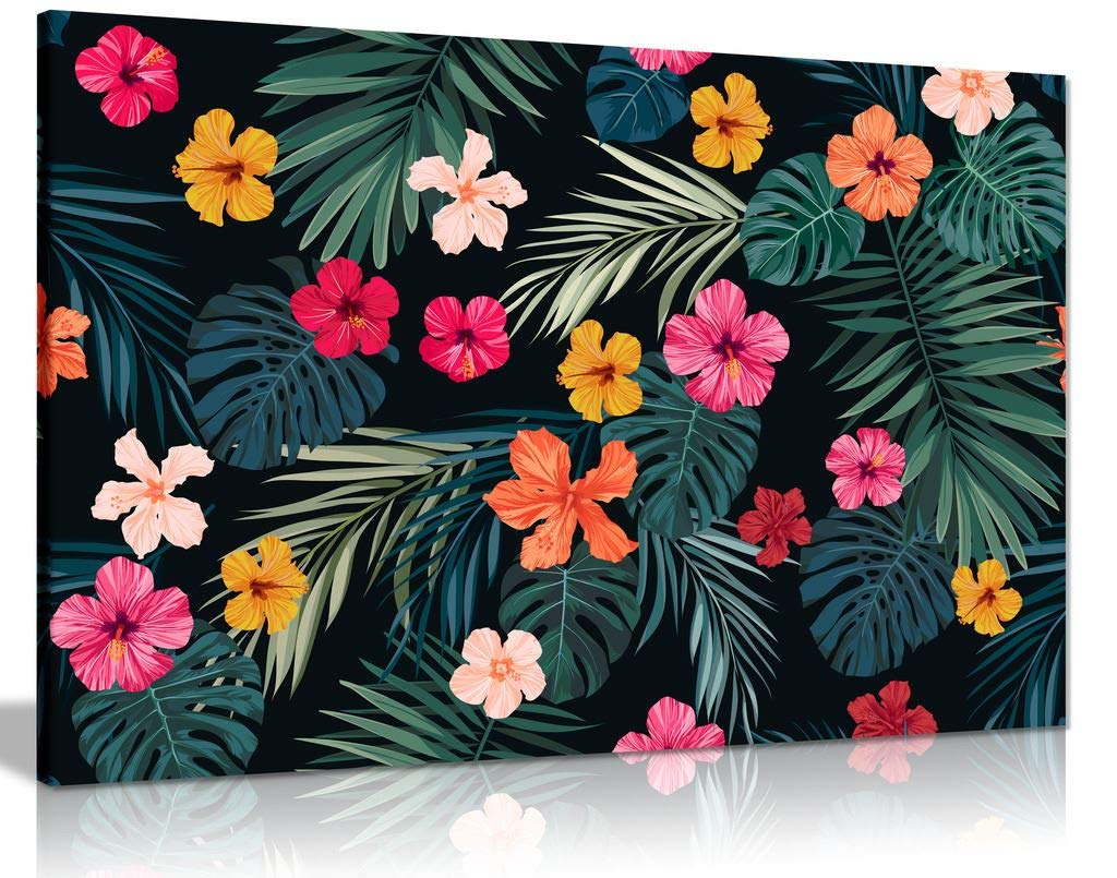 Panther Print Tropical Jungle Leaves And Flowers Botanical Canvas Wall Art Picture Print (36X24)