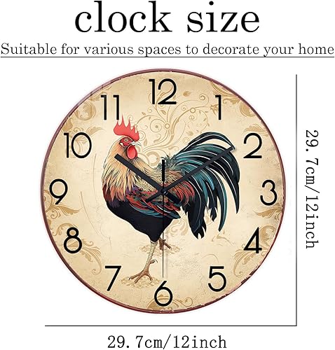 Miniatura 6 de XNM Relojes de pared redondos rústicos para cocina, sala de estar, 12 pulgadas, reloj de gallo de cristal, funciona con pilas, reloj de pared