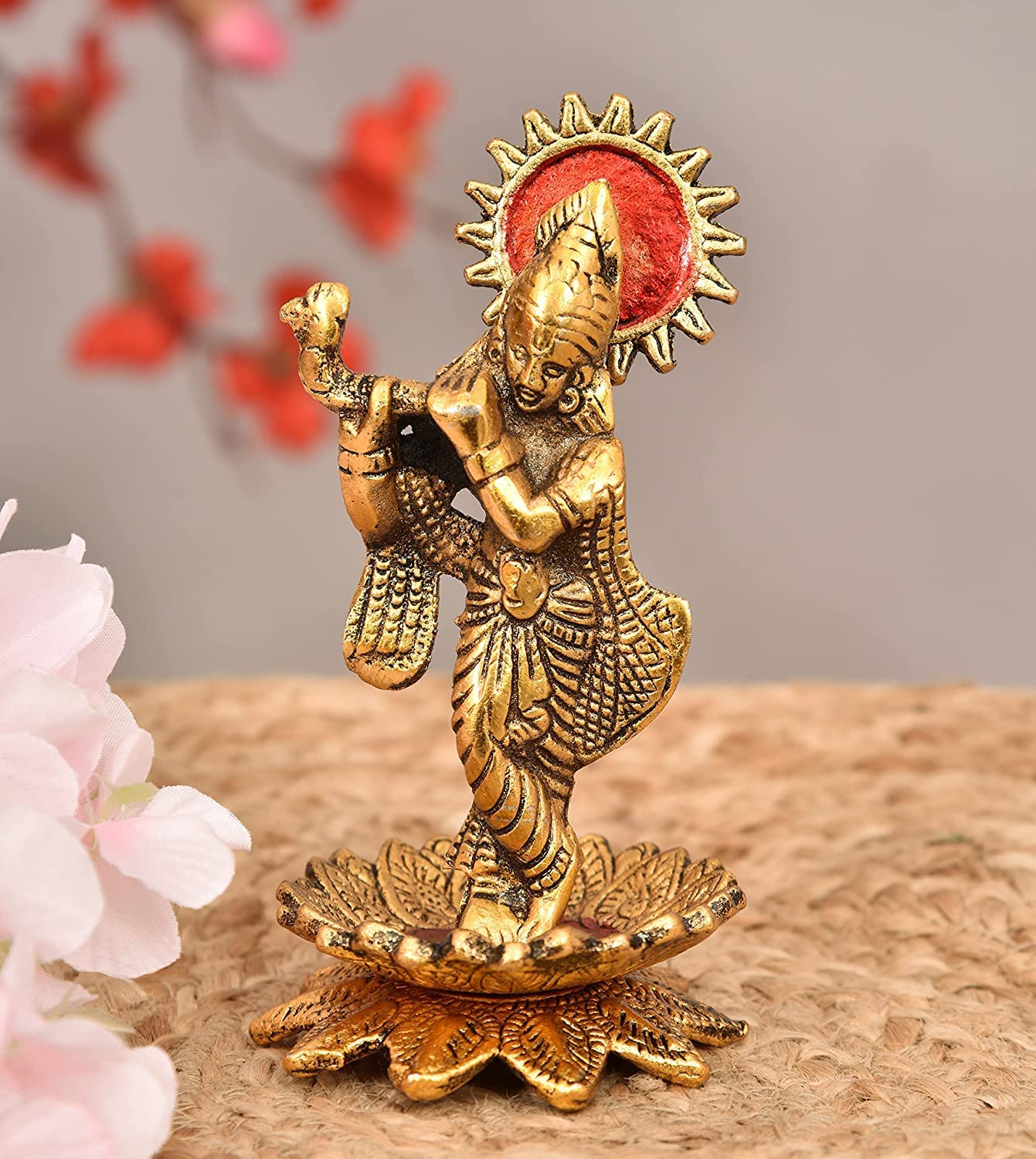 Denique Metal Golden Oxidized Kamal Krishna Lord Idol with Bansuri Car Decorative Diwali Home Decoration & Gift Item 1