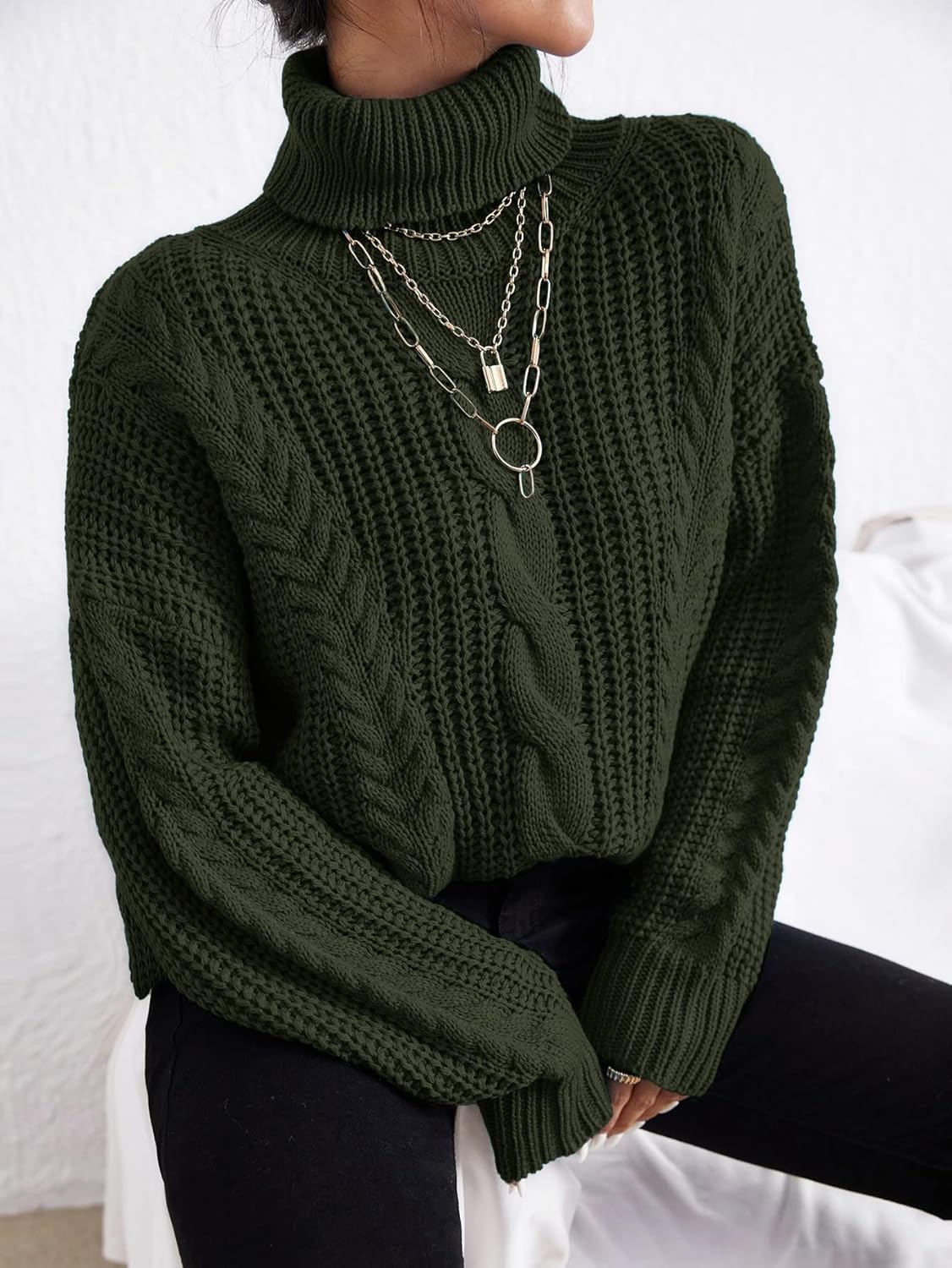 Sweater Womens Sweater Cable Knit Turtle Neck Sweater (Color : Dark Green, Size : Medium)
