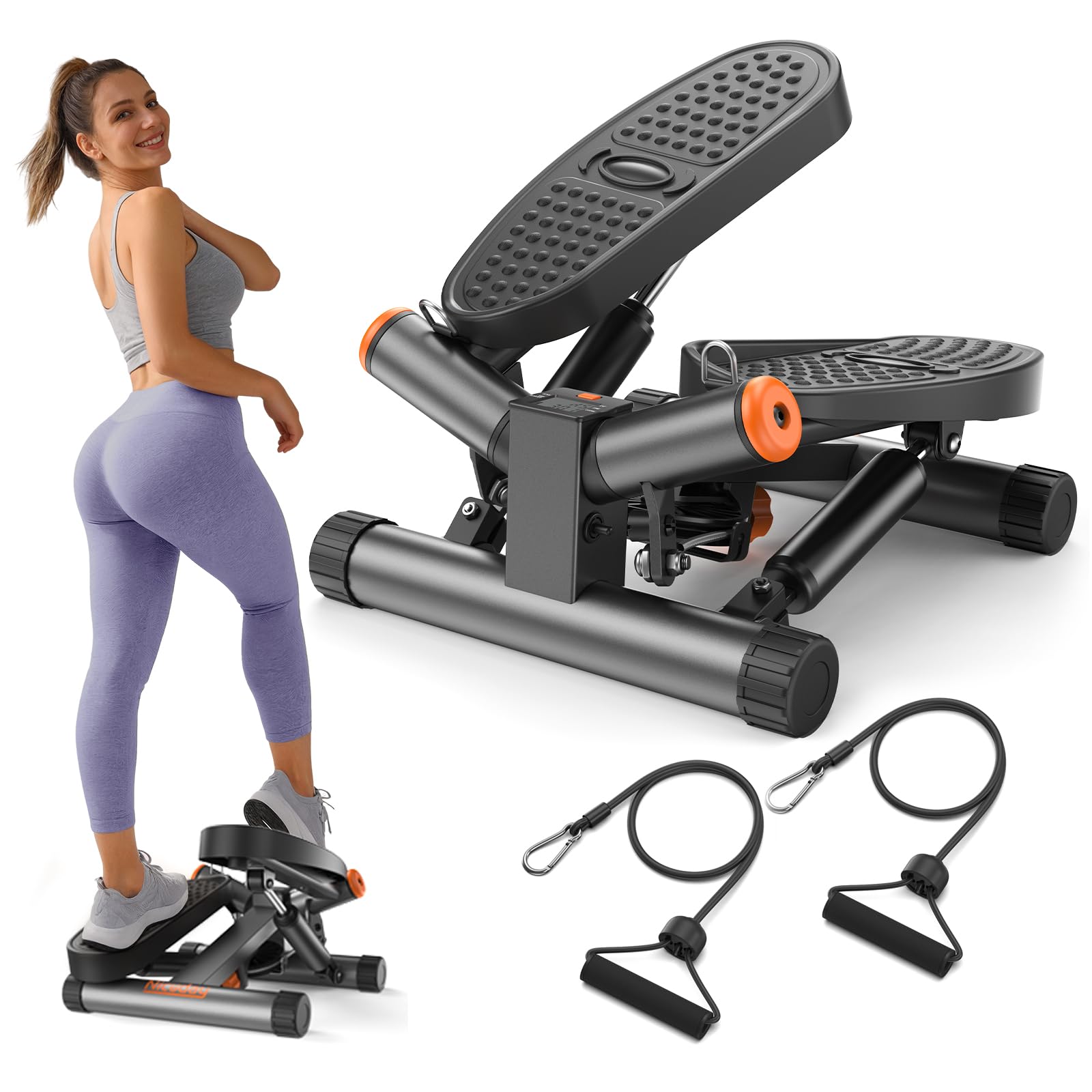 Niceday Twist Stepper for Exercise at Home, Mini Stepper with Resistance Bands, Stair Stepper with 300LBS Loading Capacity, Hydraulic Fitness Stepper with LCD Monitor Gray