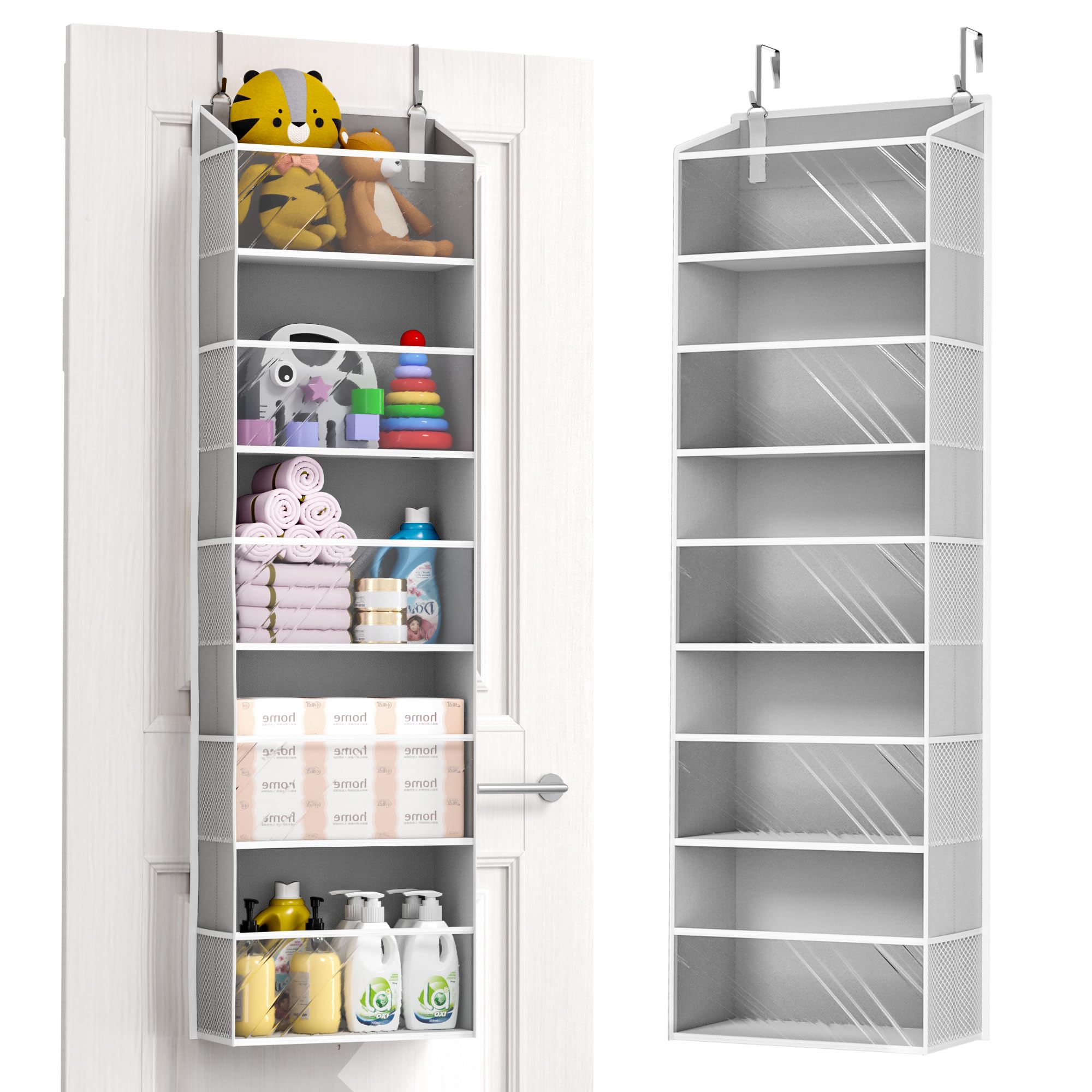 ULG Tür-Organizer mit 5 großen Taschen, 10 Netz-Seitentaschen, 20 kg Tragkraft, Hängeaufbewahrung mit transparentem Fenster für Schlafzimmer, Badezimmer, Küche, Wohnmobil, transparent, 1 Stück
