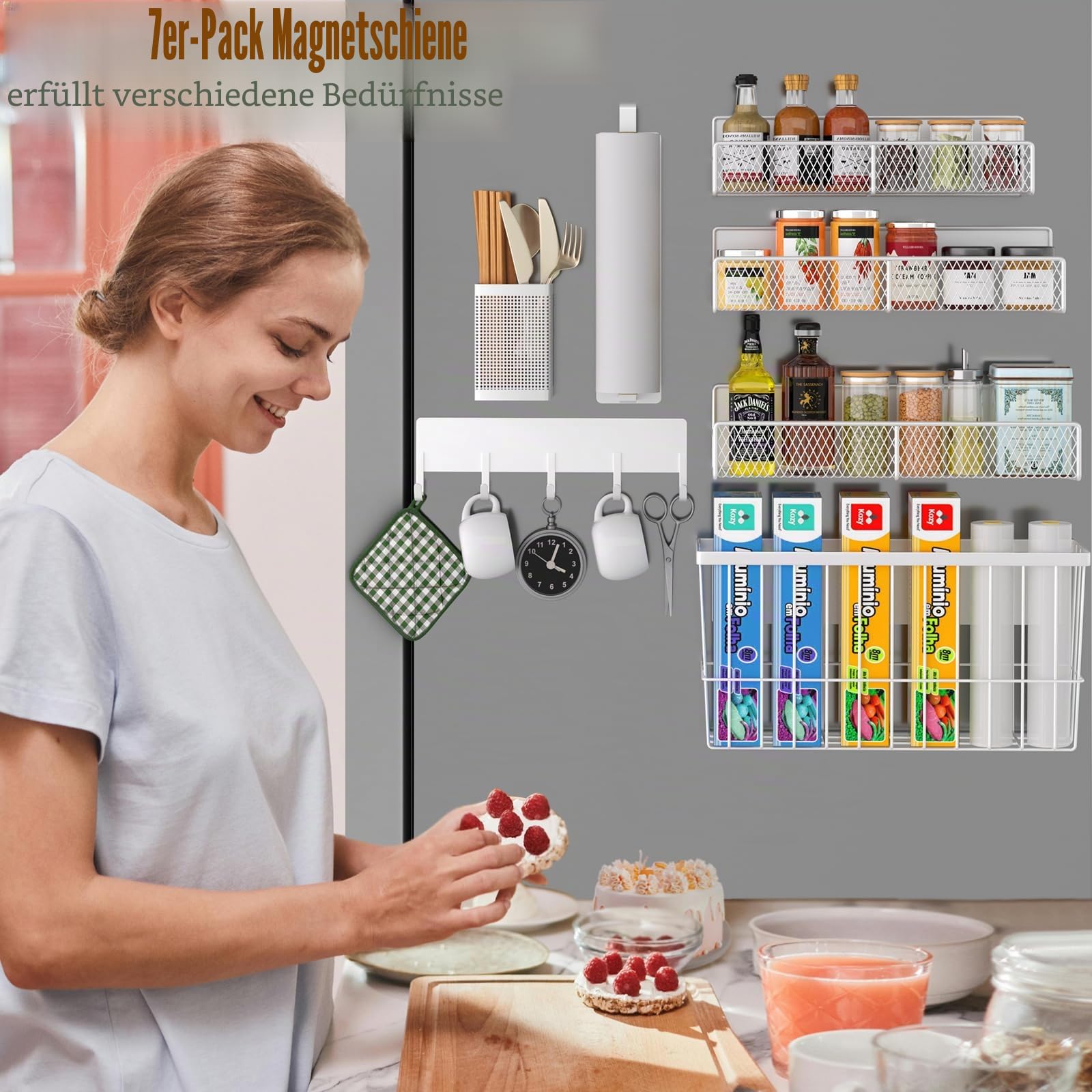 DTUQYX Magnetablage für Gewürz Kühlschrank, 7 Metall-Fach, Tragbarer Organizer, Hakenablage, Halter für Papierhandtücher, Küchenutensilien und Schneidebrett, weiß