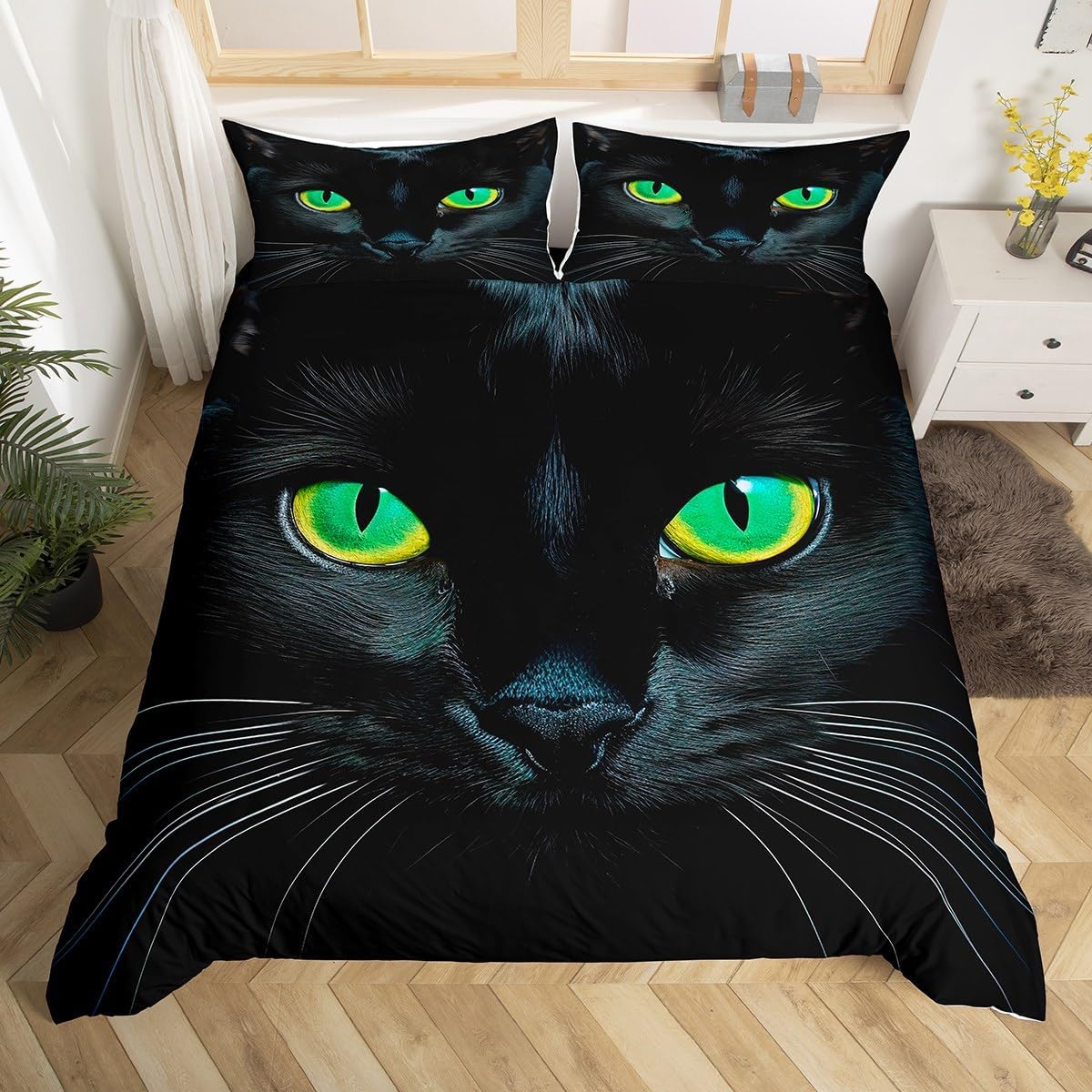 Cat Bedding Sets for Kids 2 Pcs Cartoon Pets Duvet Cover Black Cats Comforter Bedspread Cover Ultra-Soft Brushed Microfiber 3D Animal Print Bed Cover with Zipper Ties Modern Decor Coverlets Twin 68x88