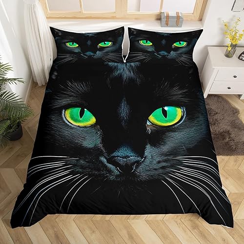 Juego de ropa de cama con diseño de gatos para niños, 3 piezas, funda de edredón de mascotas de dibujos animados, funda de edredón de gato negro,