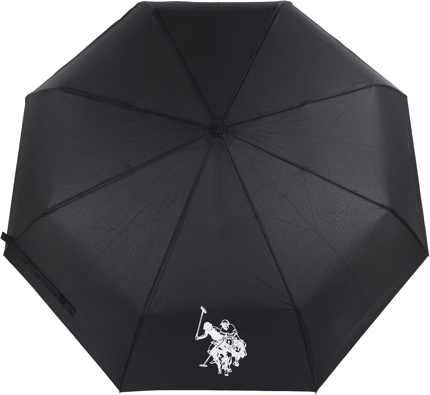 U.S. Polo Assn. Compact Automatic Umbrella, Travel Folding Umbrella with Wrist Strap and Storage Sleeve, Black/White