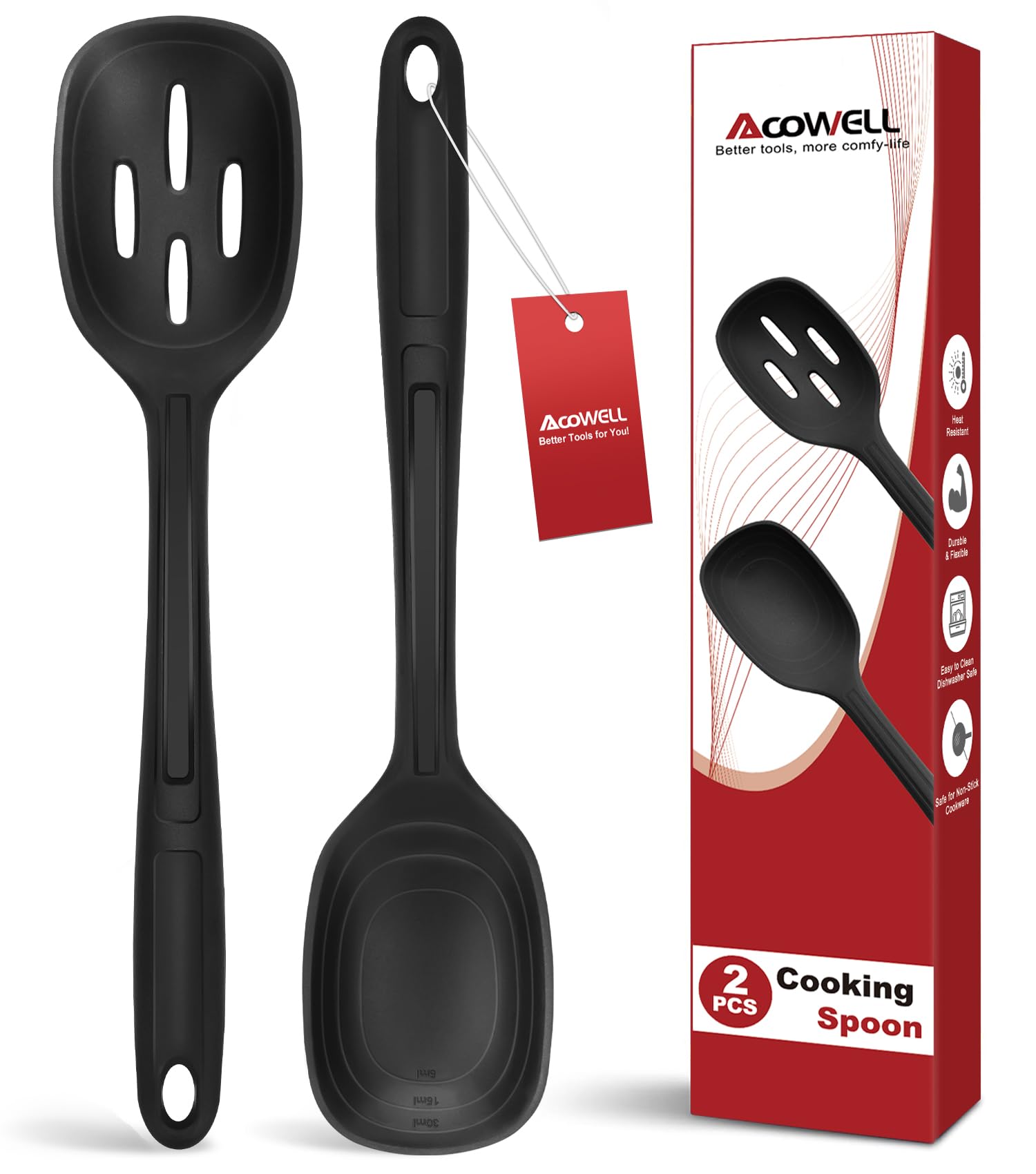 Large Silicone Cooking Spoon Set, Premium Non-Stick Solid and Slotted Spoon 2 Pack Kitchen Basting Spoons with Measuring Mark, Heat-Resistant Utensils for Mixing, Serving, Stirring, Scooping, Scraping