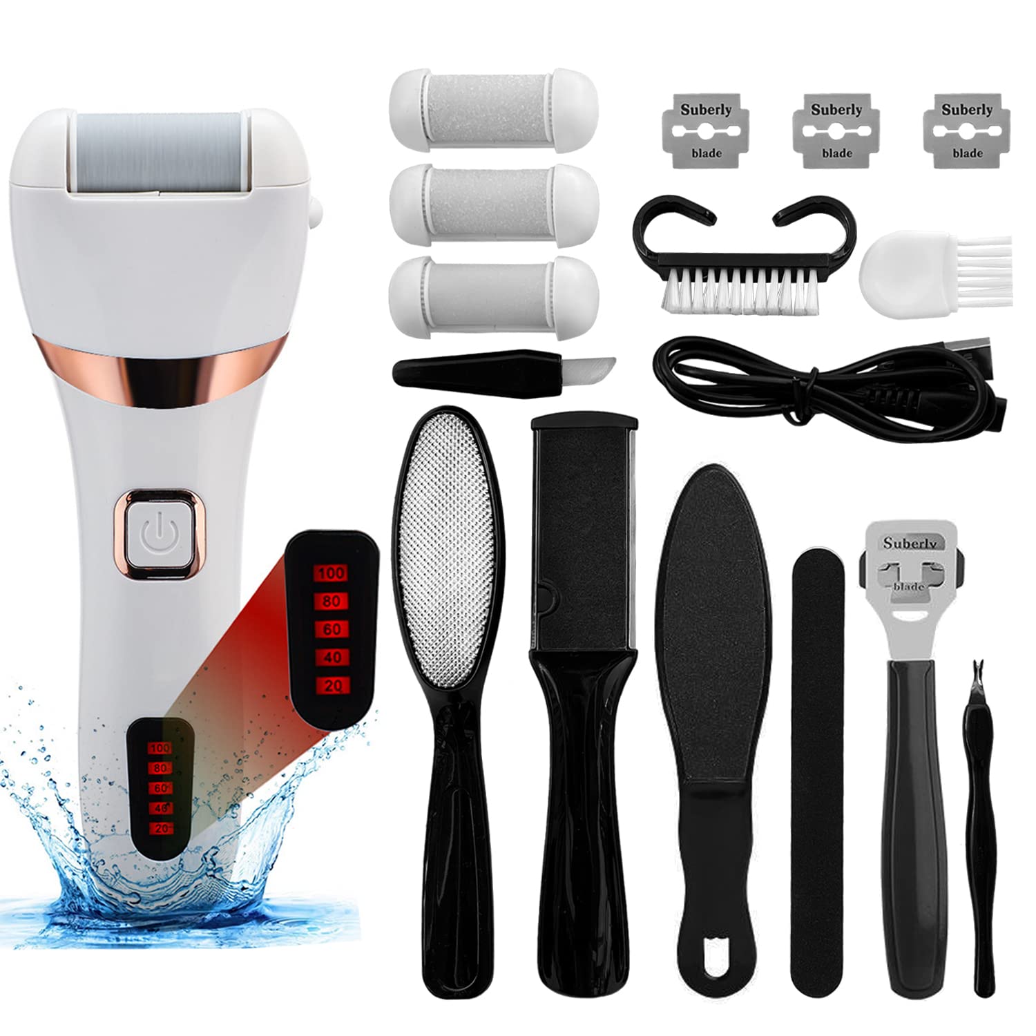 OUXIPerfect Pedi Electric 16 Pack Smooth Pedicure Wand Waterproof Foot Scrubber for Dead Skin Callus Remover 3 Adjustable Roller Heads for Hard Cracked Skin Ideal Gift for Home Use Salon Treatment