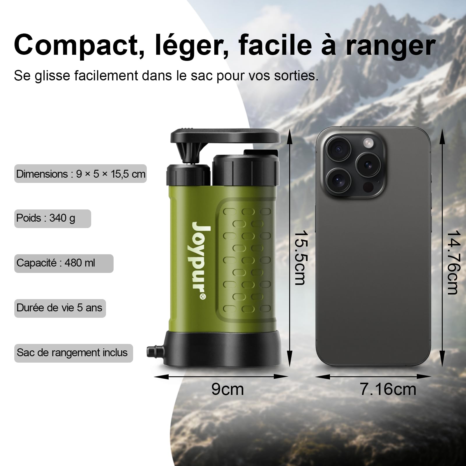 Filtre à Eau Portable 5 Étapes 0,01 μm, Pompe Filtrante Manuelle avec Gobelet 480 ml, Préfiltre Externe, Léger 340 g, pour Randonnée, Camping, Trekking et Activités en Plein Air（K8192-green）