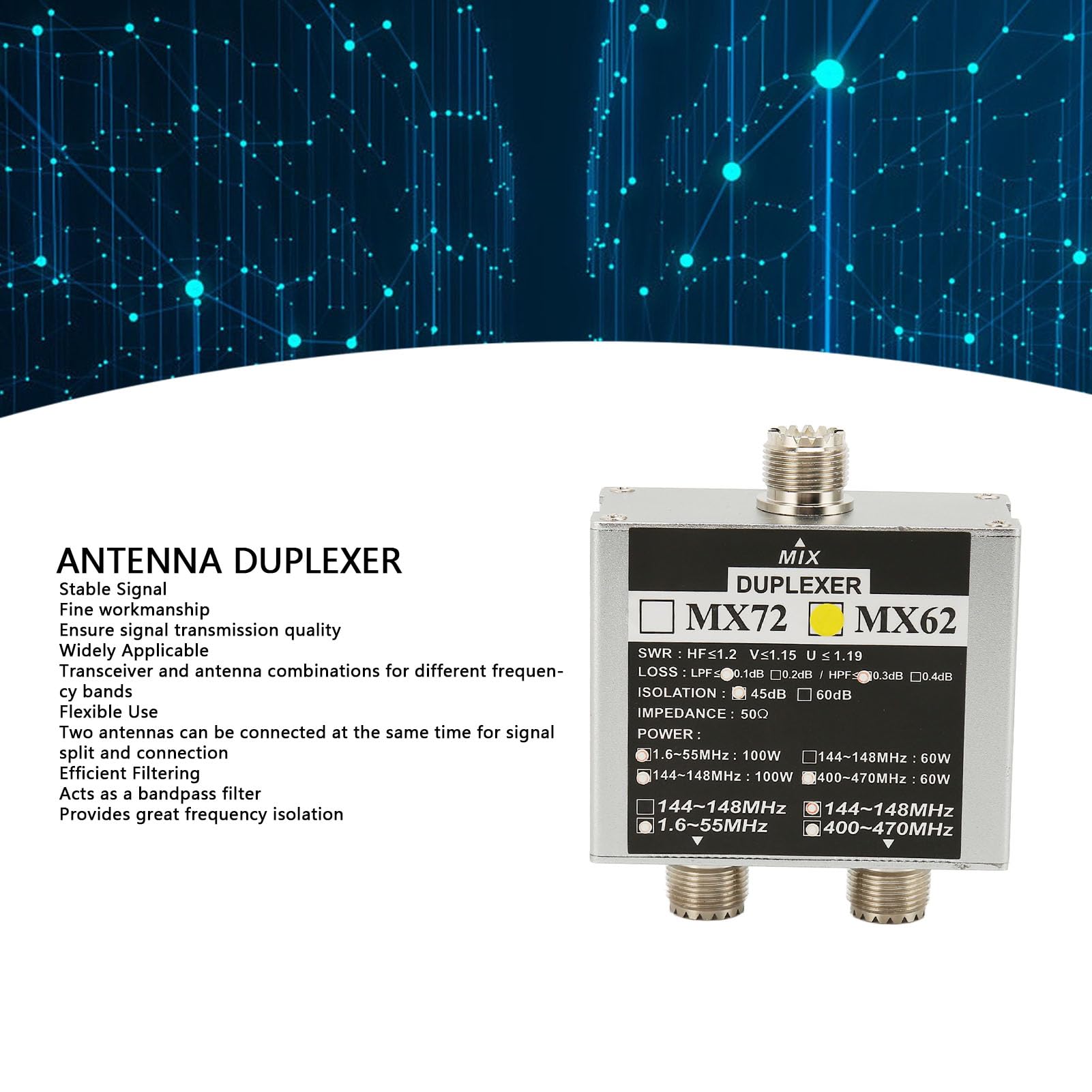 VHF UHF Multi-frequentie Transitstation Duplexer, Eenvoudige Installatie Professionele MX72 HAM-antennecombiner voor Gebruik Binnenshuis