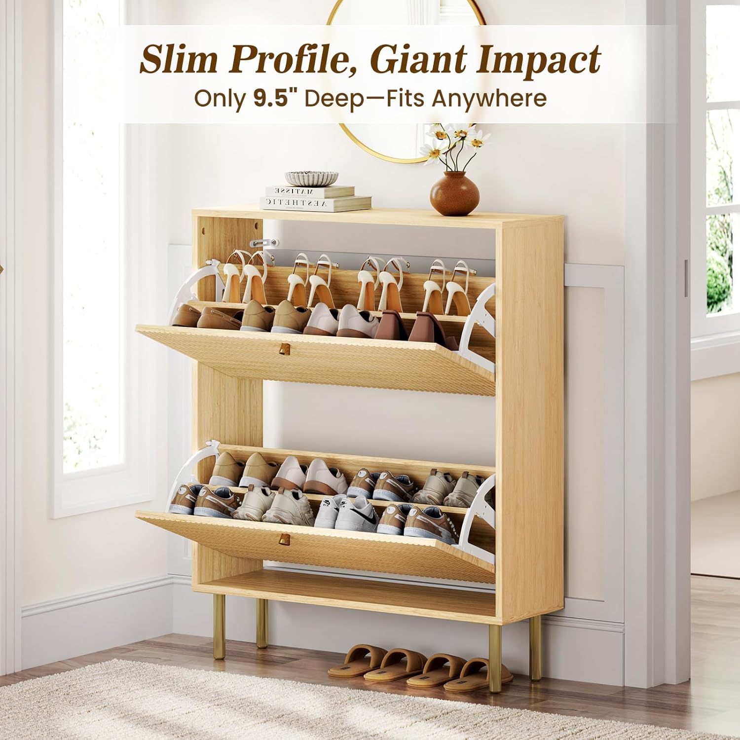Nicetree Shoe Storage Cabinet for Entryway - Flip Shoe Cabinet with Tiered Fluted Design - Slim Shoe Storage Rack with Gold Legs - Narrow Shoe Cabinet Hidden Shoe Organizer for Small Spaces