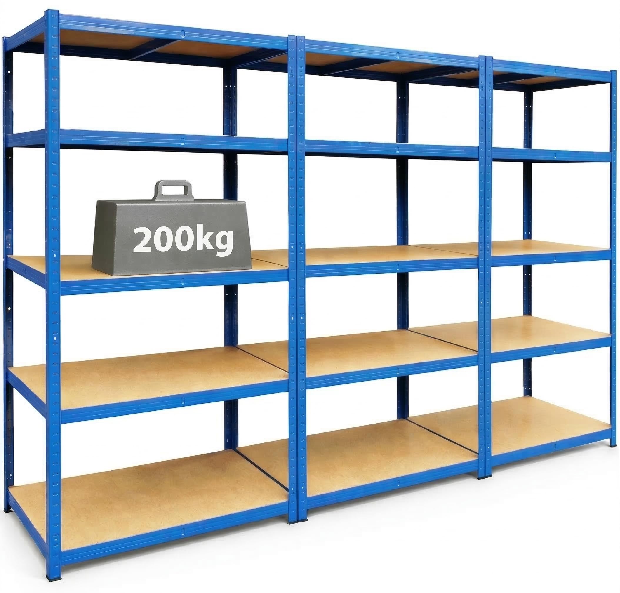 Racking Monkey 180x90x60cm | 3 Bay Garage Shelving Units | 200kg UDL Per Shelf (1000kg Per Bay) | Blue Storage Shelves | 5 Tier Workshop, Shed, Office | Metal & MDF Boltless