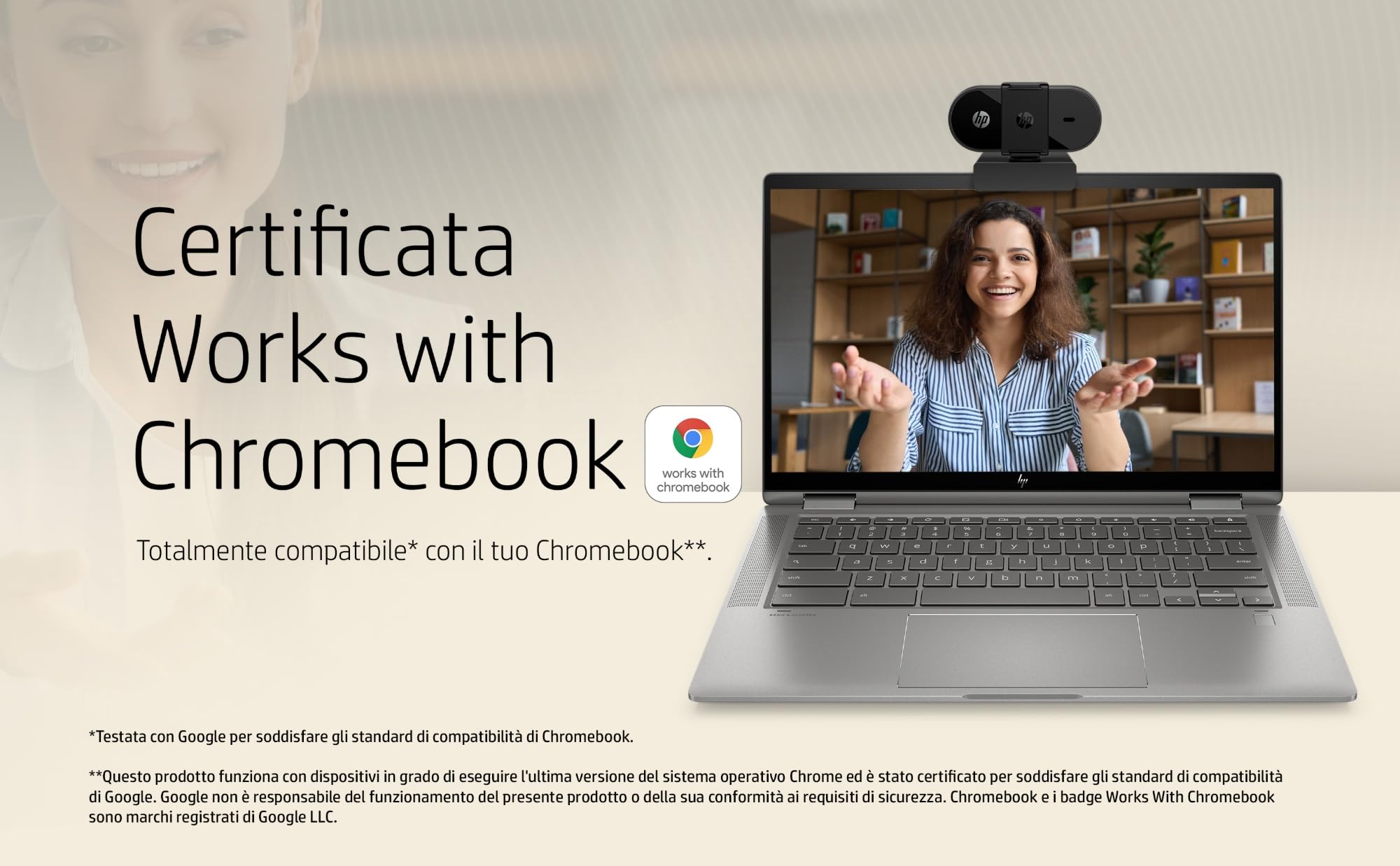 HP 320 Webcam FHD 1080P, USB, Grandangolare, Copriobiettivo, Angolazione regolabile, Correzione Automatica Luminosità, Certificata Works With Chromebook, Chrome OS, Windows 11, macOS, Nera