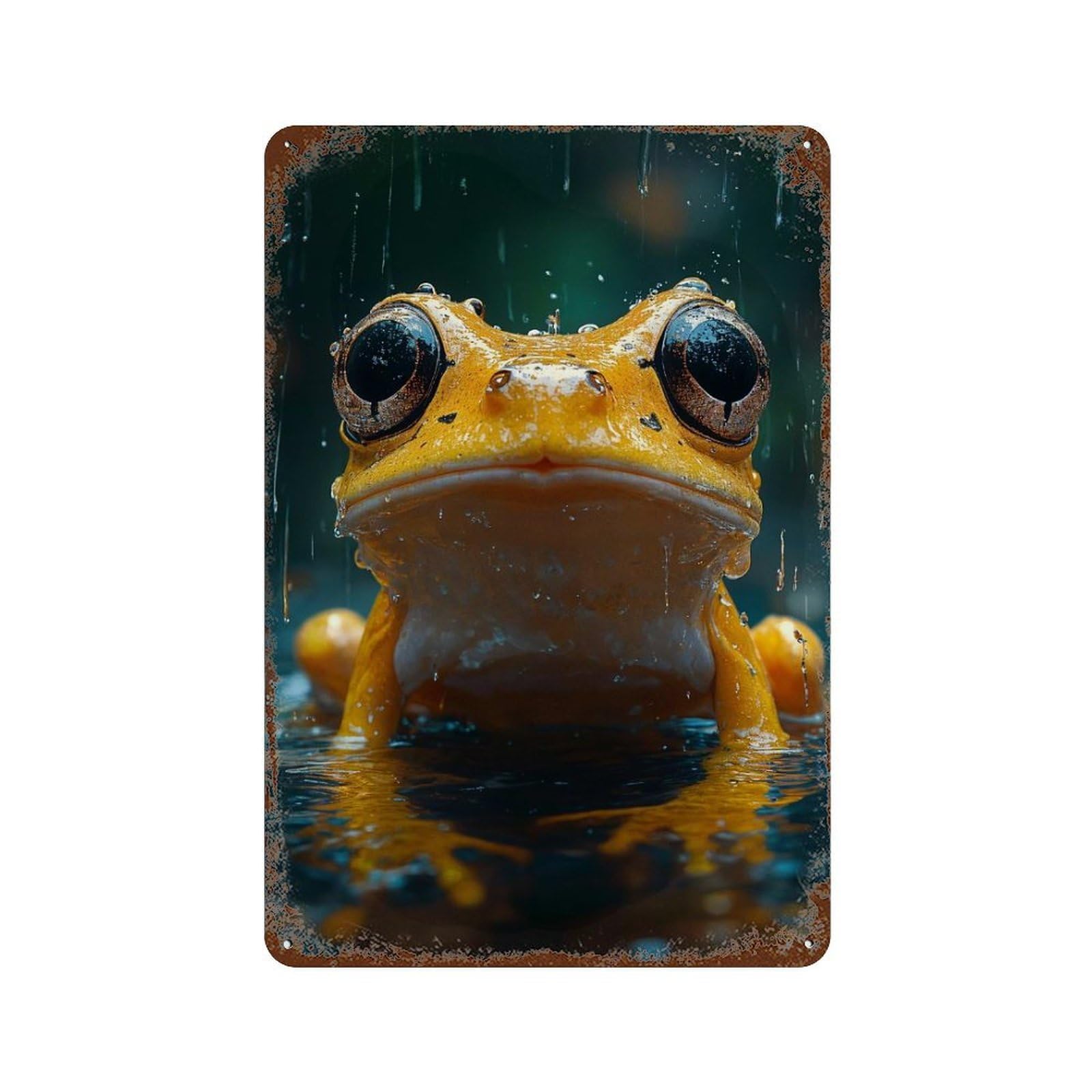 Yellow Frog in The Rain 11.8"x7.9" Aged Metal Wall Plaque, Classic Wall Plaque for Basement, Hobby Room And Garage Decor